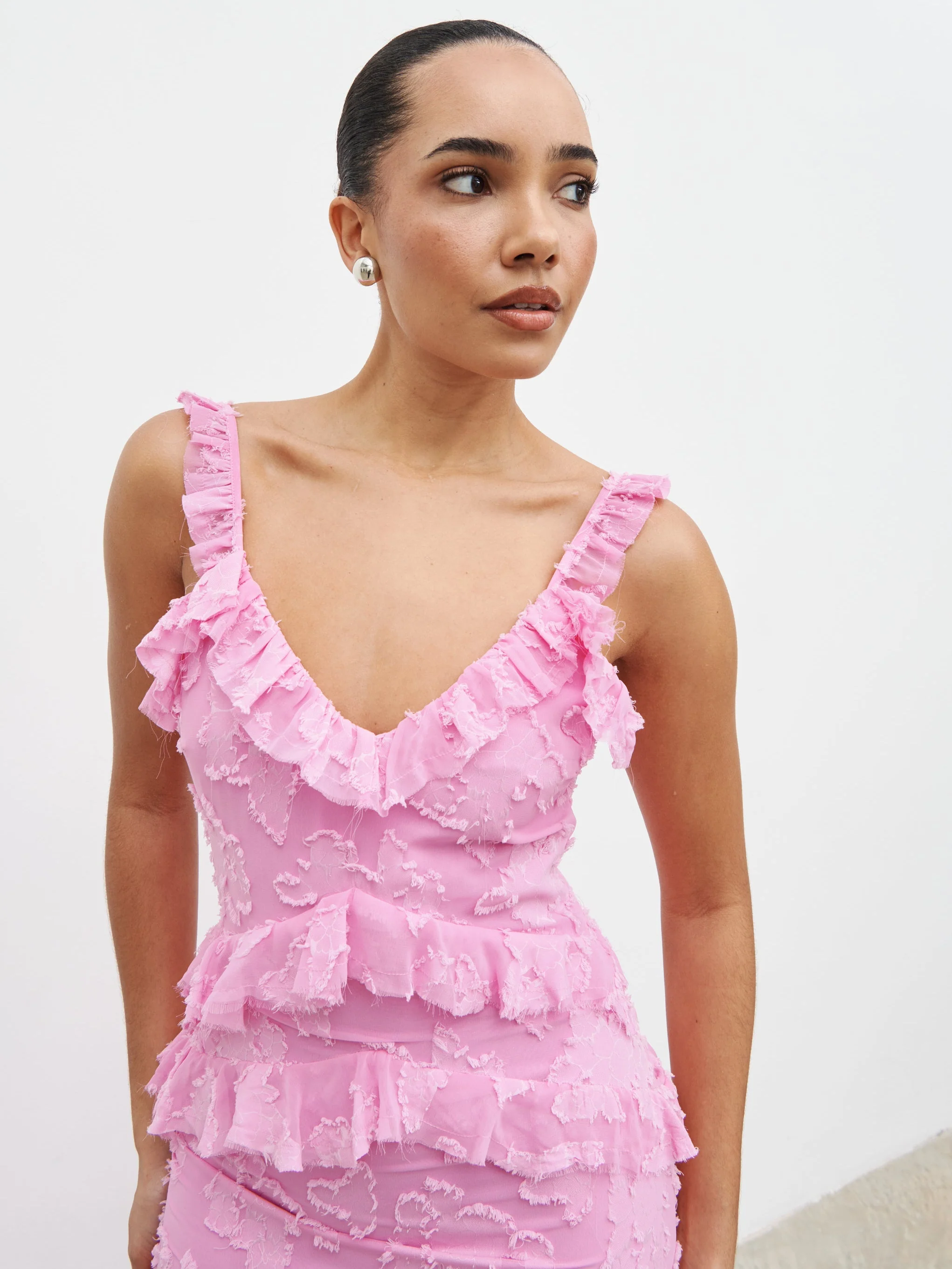 Helena Ruffle Jacquard Maxi Dress - Peony Pink - Image 2