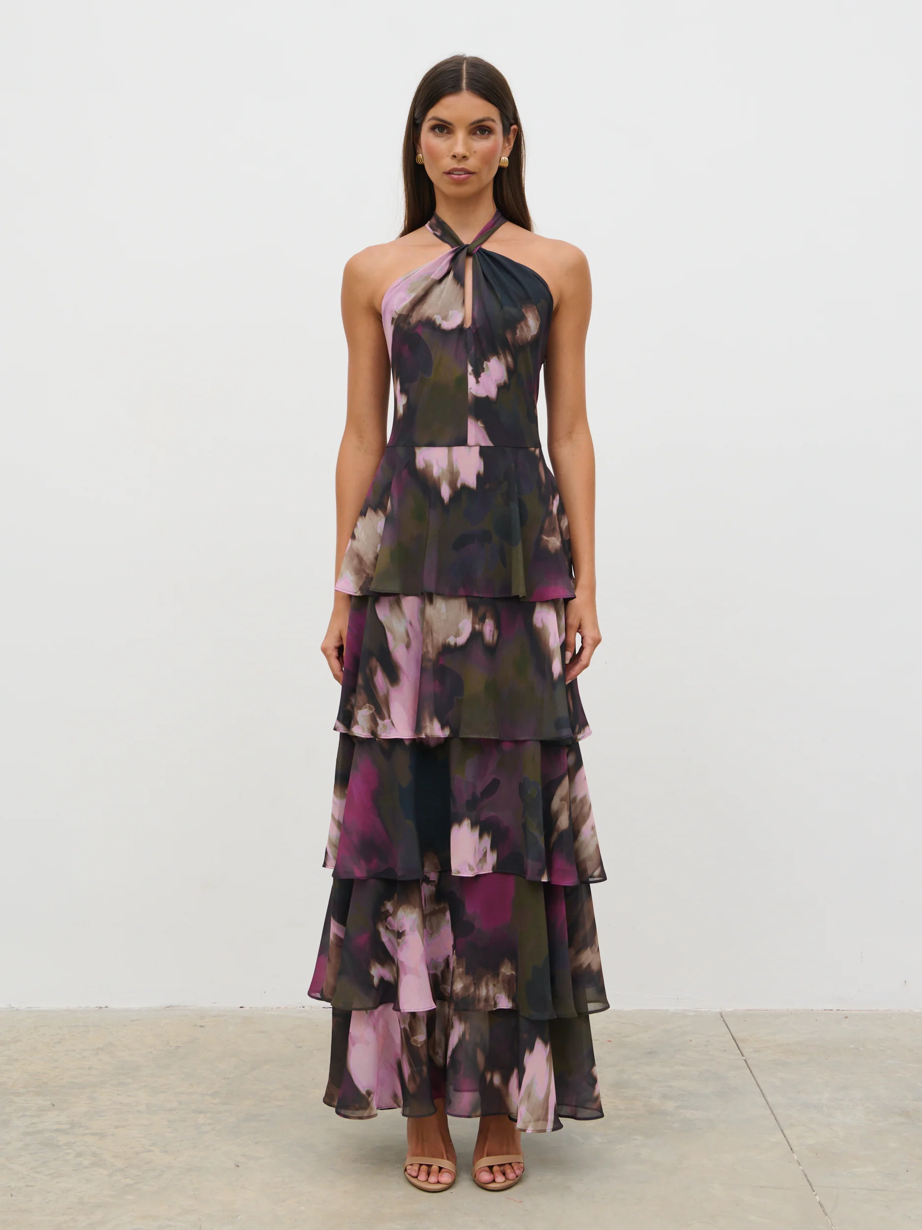 Hester Halter Neck Ruffle Maxi Dress - Purple and Khaki Ombre