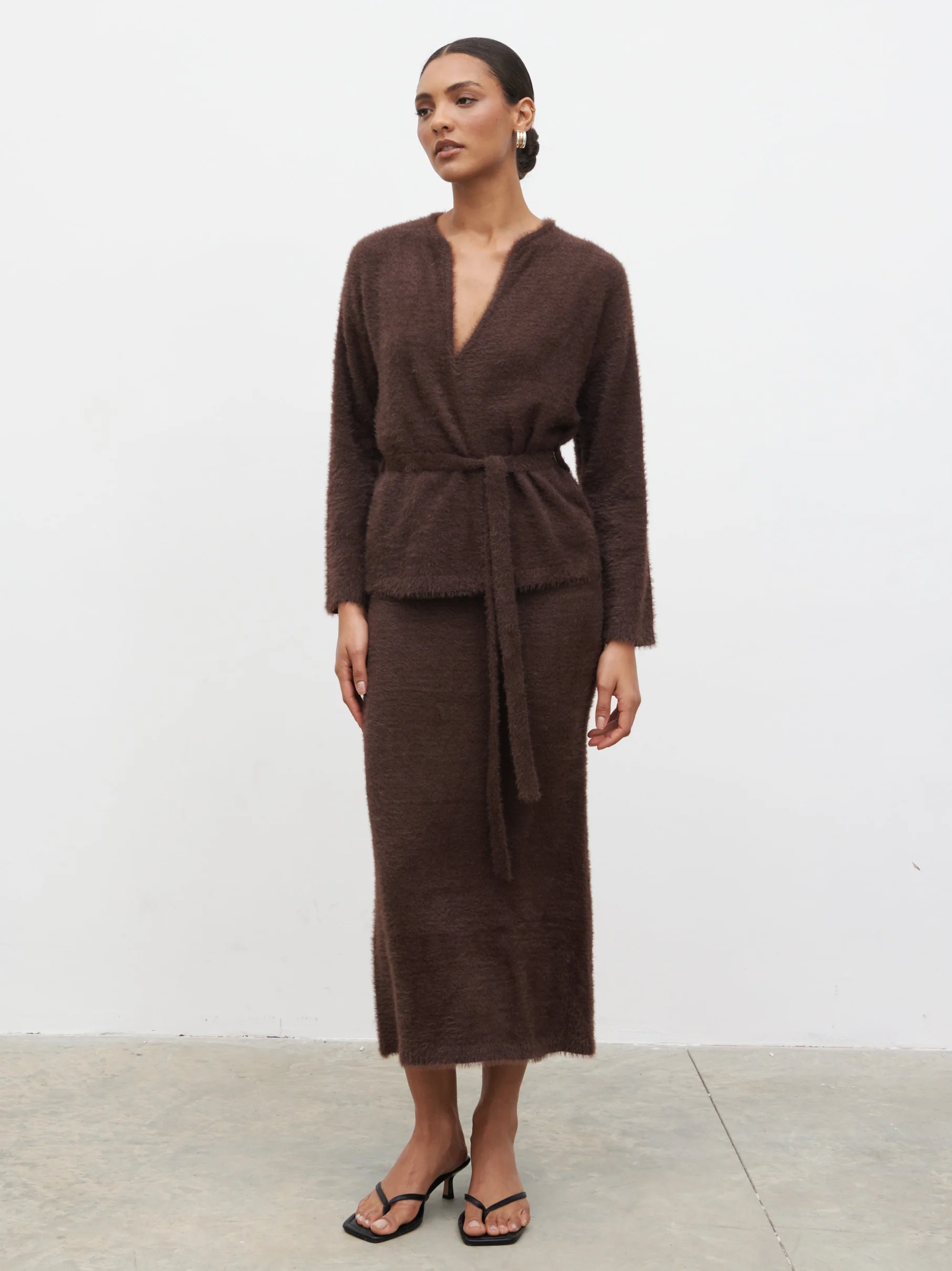 Isabella Fluffy Knit Tie Waist Cardigan - Chocolate
