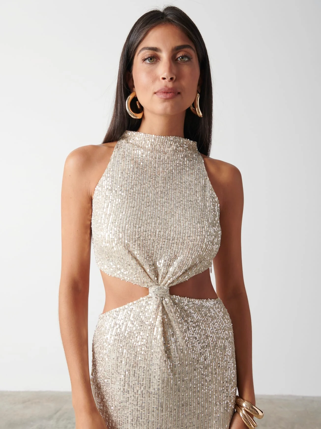 Isidora Twist Knot Sequin Midaxi Dress - Silver