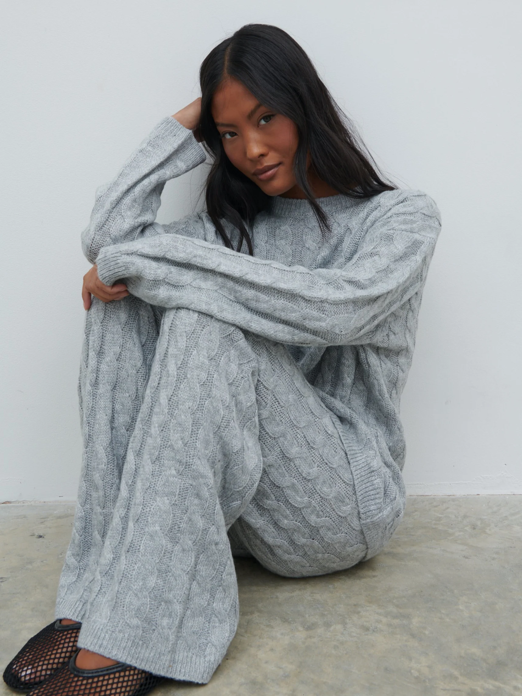 Jayde Cable Knit Trousers - Grey Marl