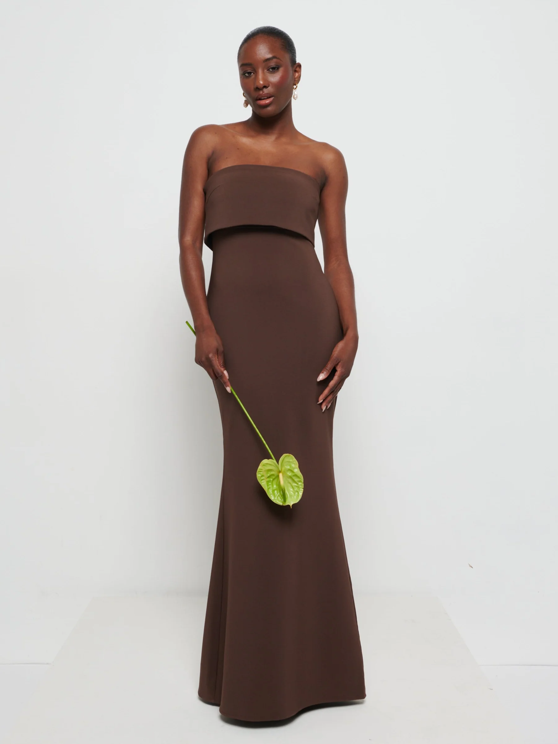 Julia Strapless Crepe Maxi Bridesmaid Dress - Chocolate