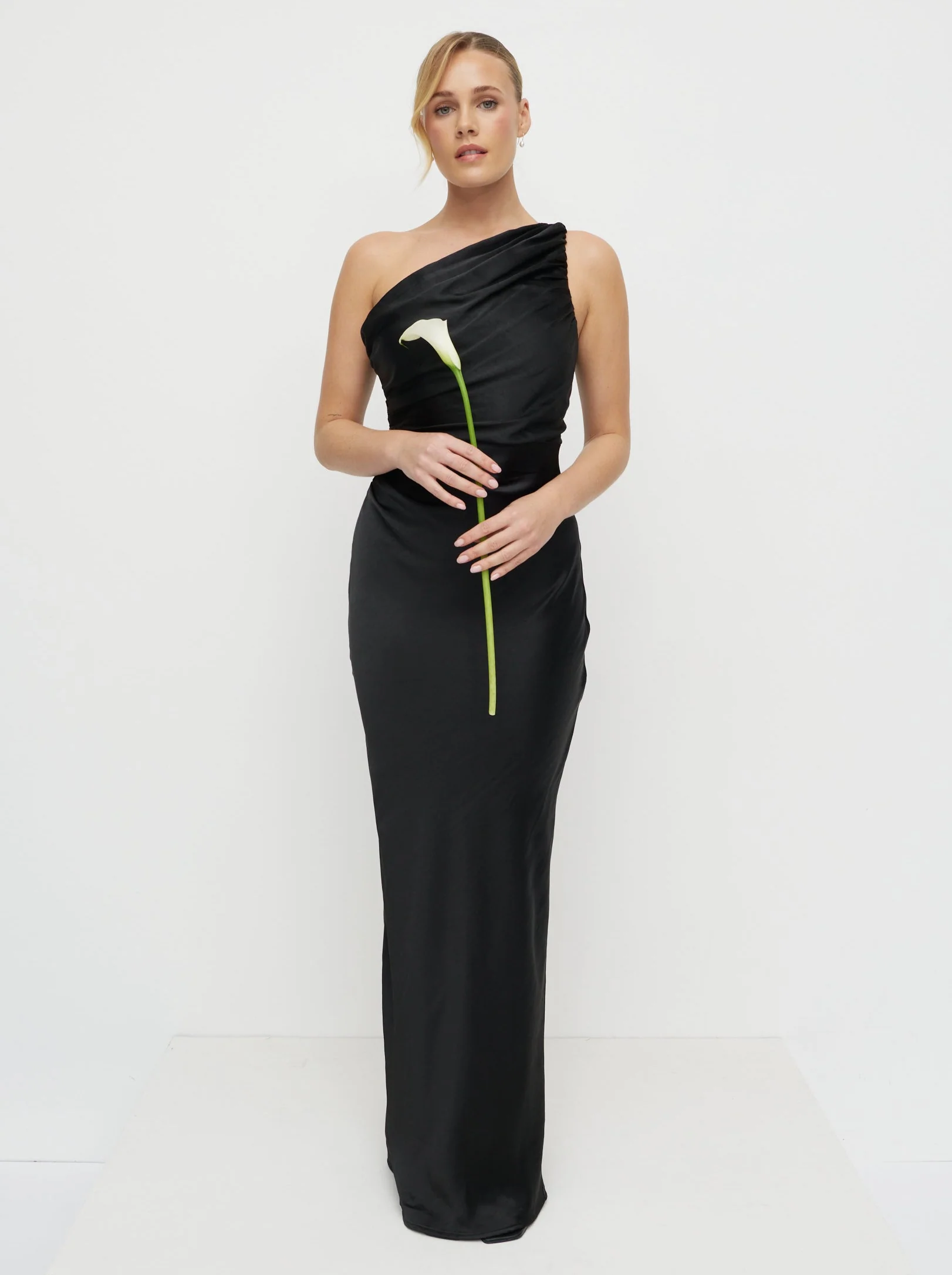 Juliet Ruched Satin Maxi Dress - Black