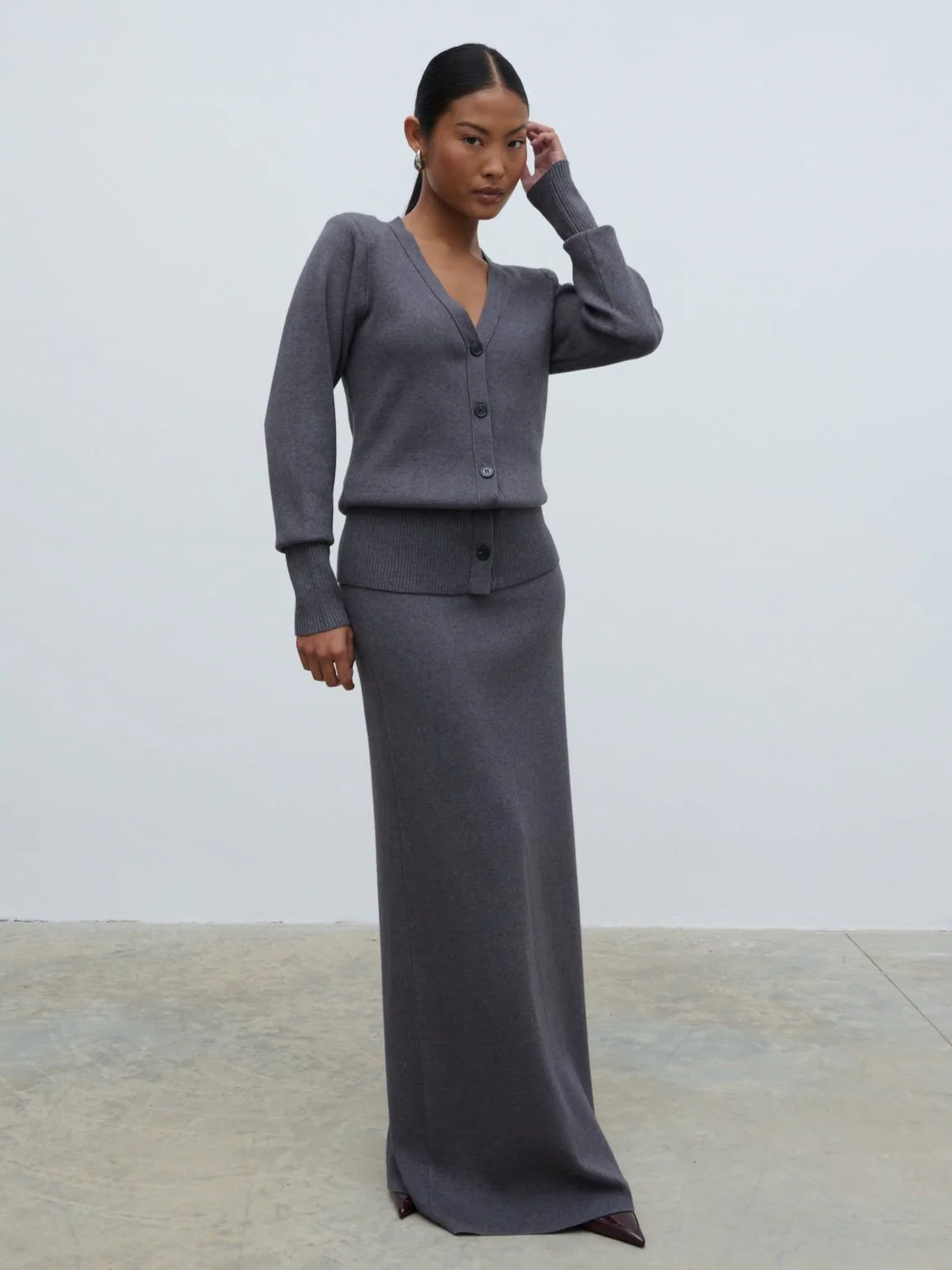 Justine Rib Knit Maxi Skirt - Grey Marl