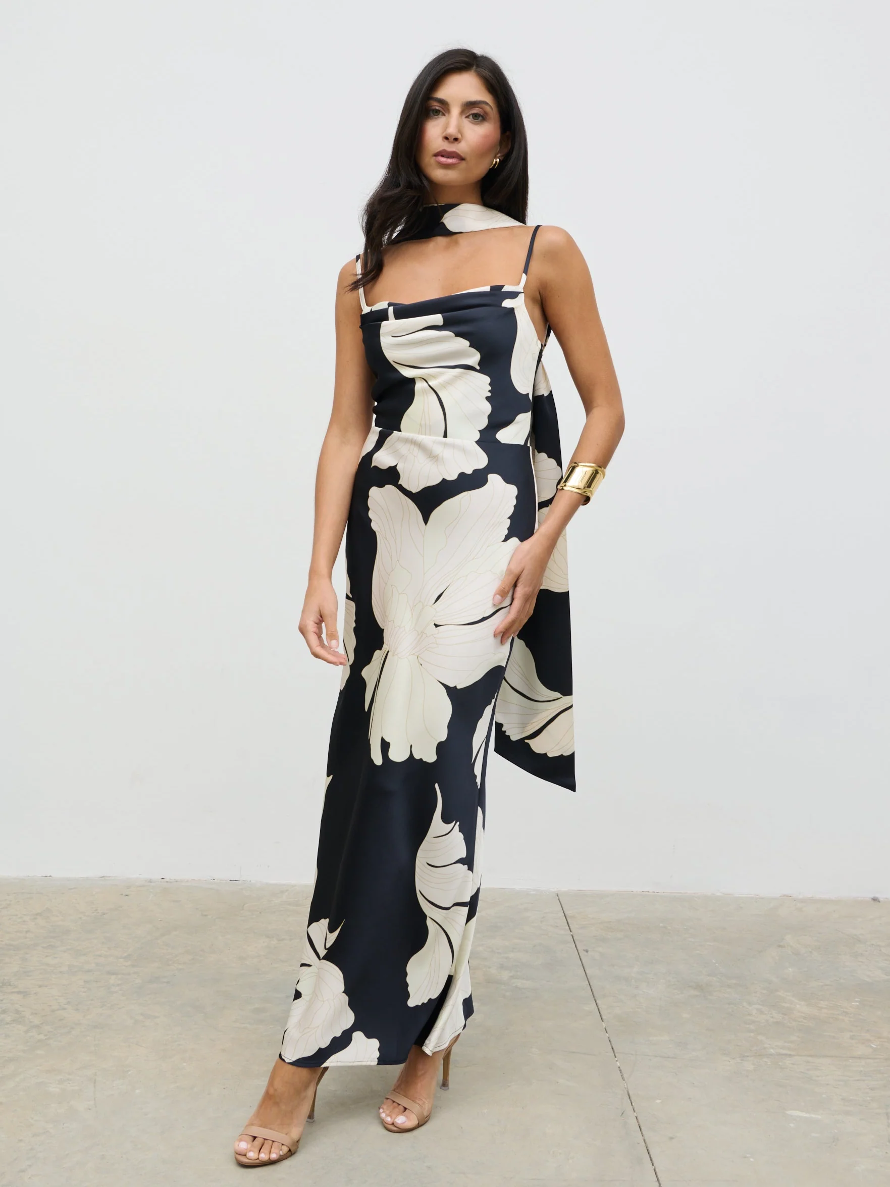 Keisha Scarf Maxi Dress - Large Scale Monochrome Floral