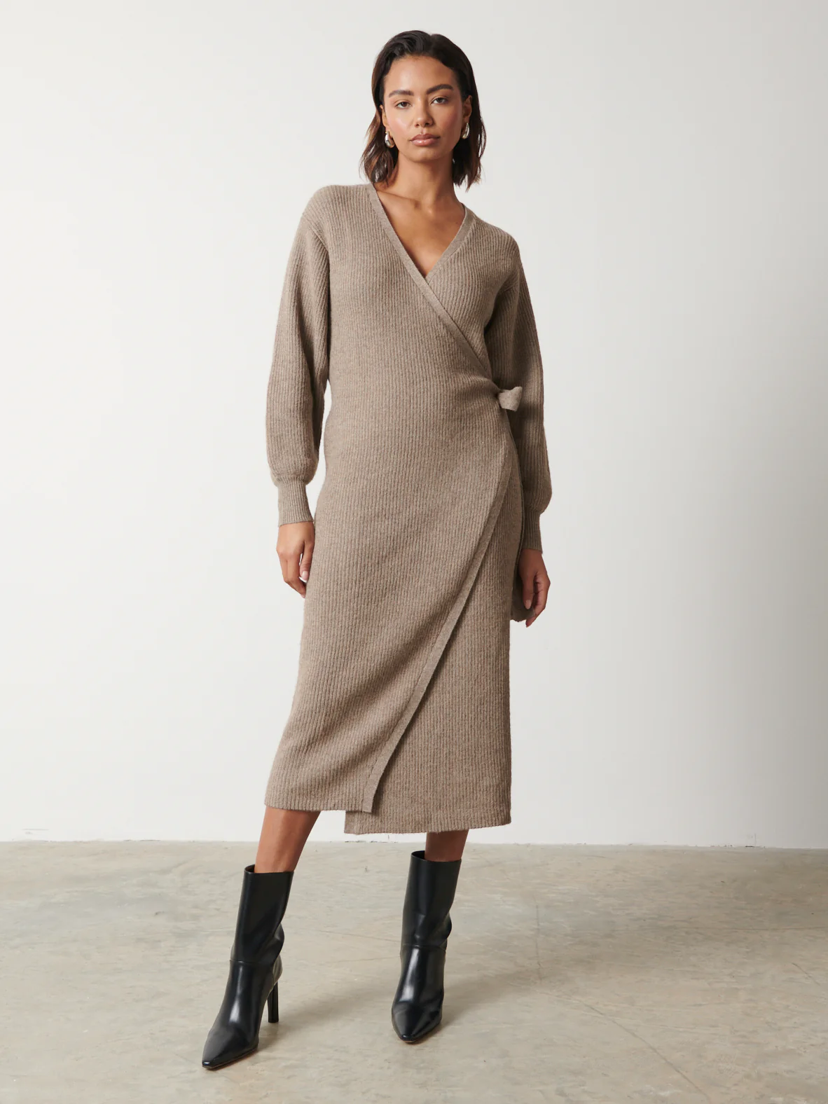 Kinsley Ribbed Wrap Dress - Mushroom - Image 4