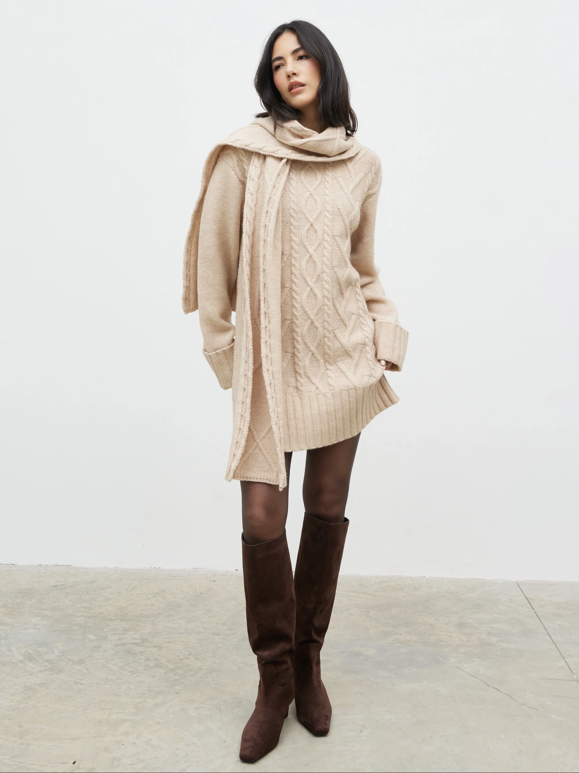 Larna Cable Knit Mini Dress with Scarf - Beige Marl