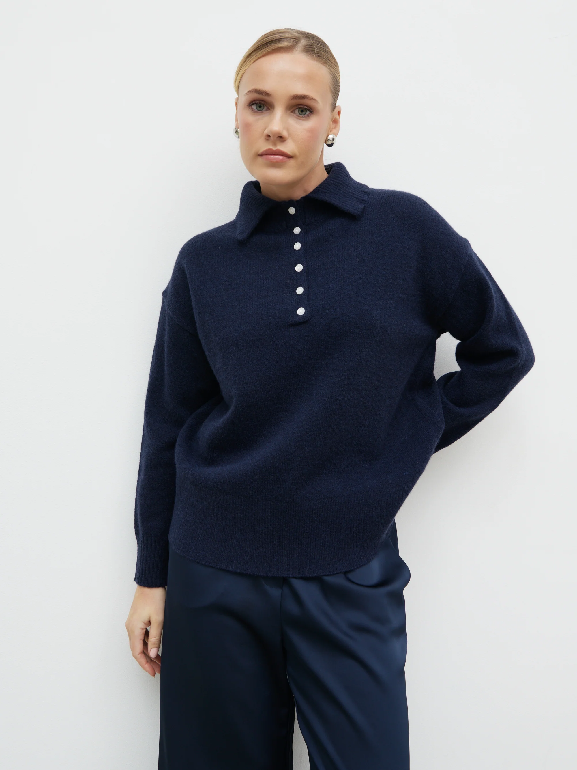 Laurent High Neck Button Knit Jumper - Navy - Image 3