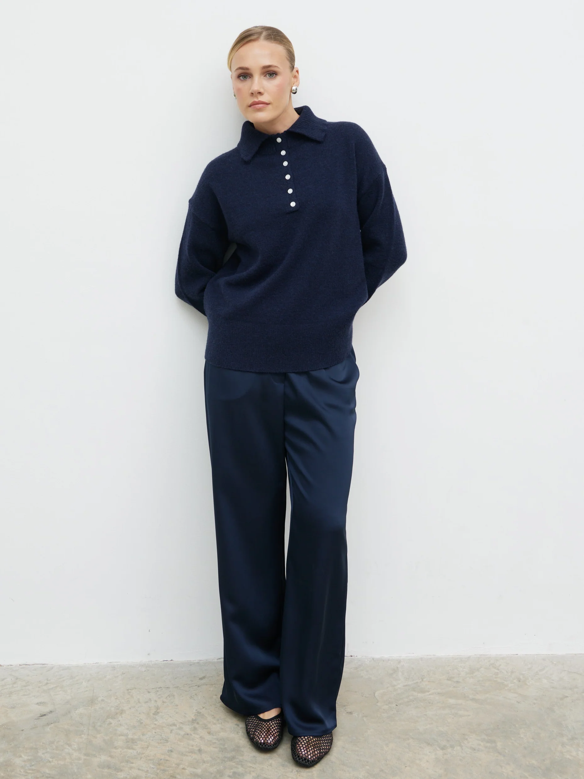 Laurent High Neck Button Knit Jumper - Navy - Image 4