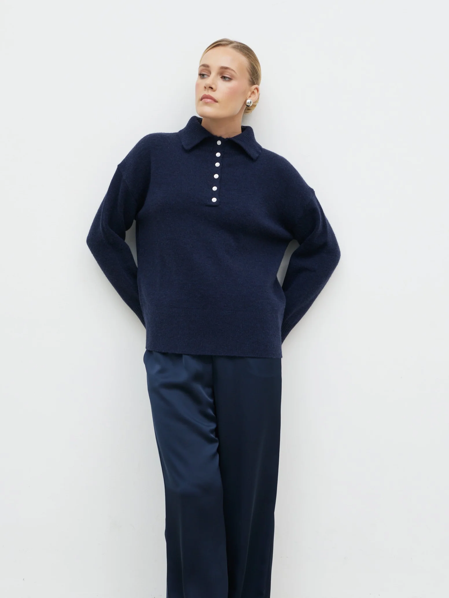 Laurent High Neck Button Knit Jumper - Navy - Image 7