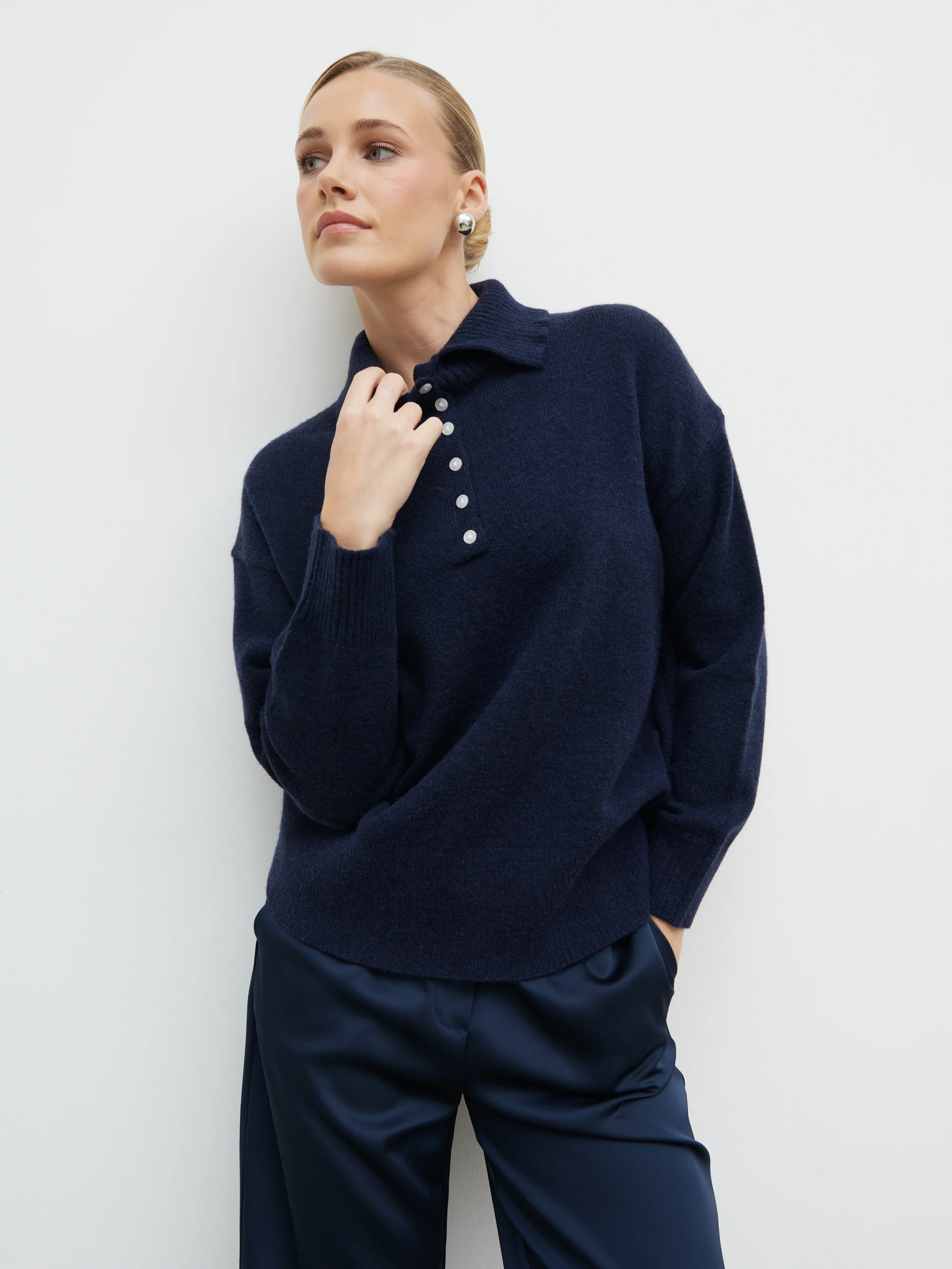 Laurent High Neck Button Knit Jumper - Navy - Image 8