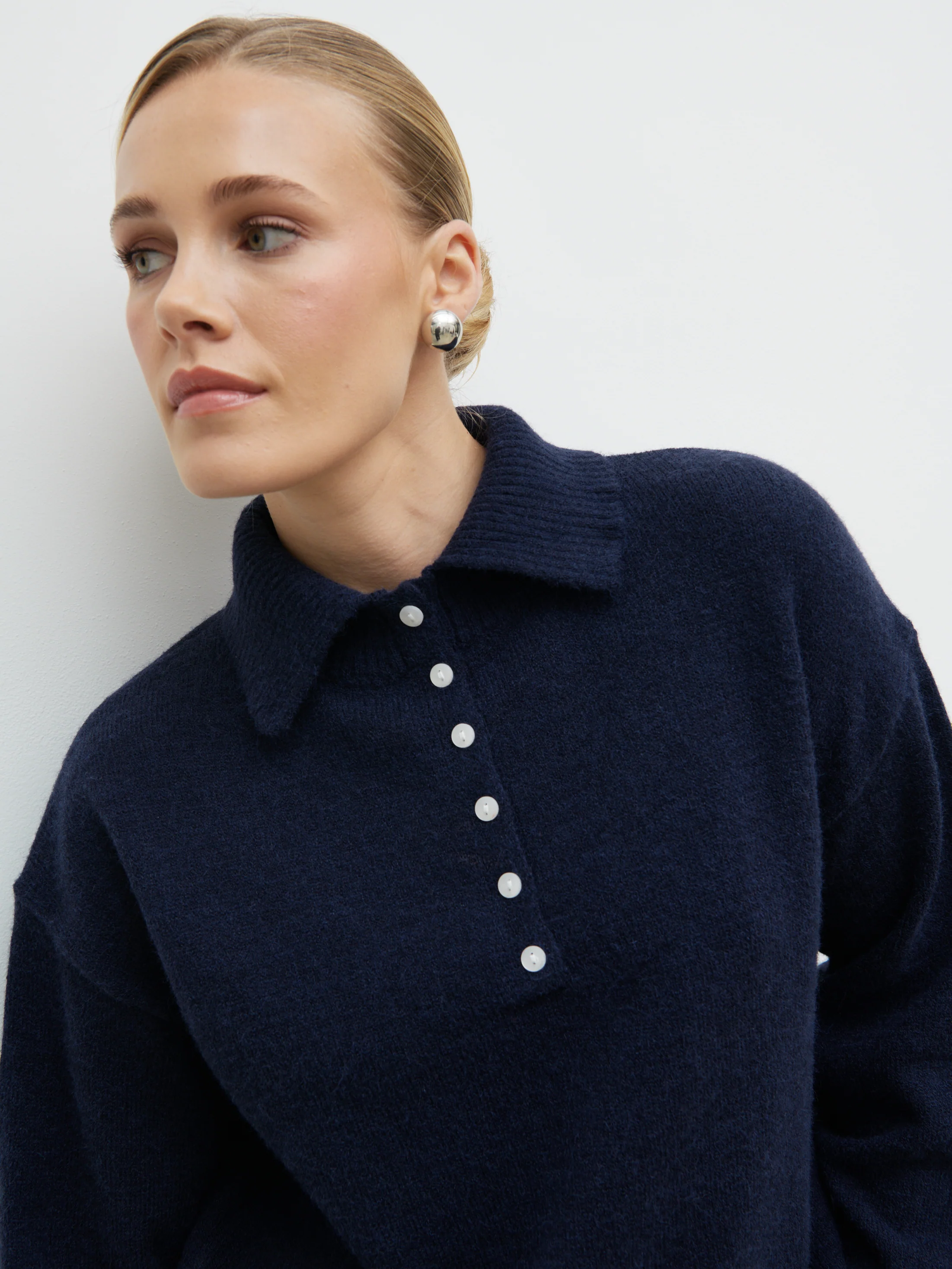 Laurent High Neck Button Knit Jumper - Navy - Image 9
