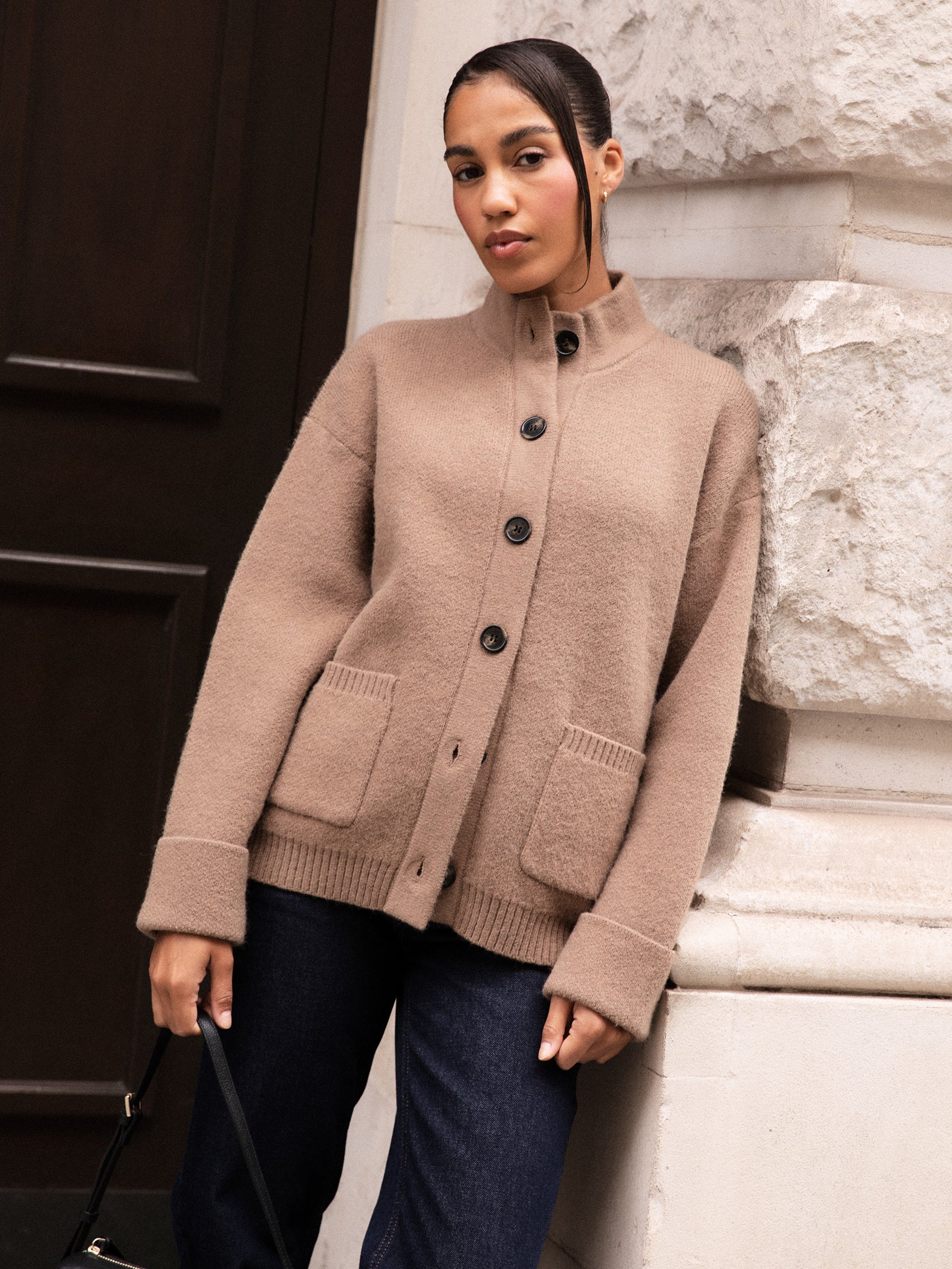 Leighton High Neck Knit Cardigan - Deep Beige Marl - Image 2