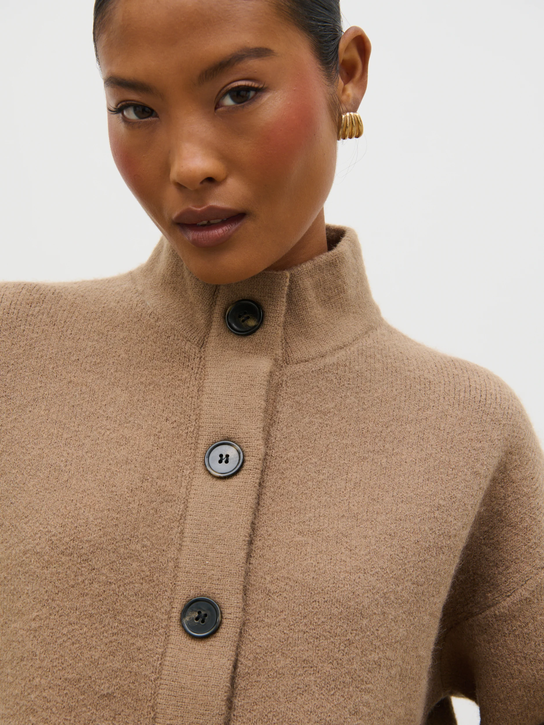 Leighton High Neck Knit Cardigan - Deep Beige Marl - Image 3
