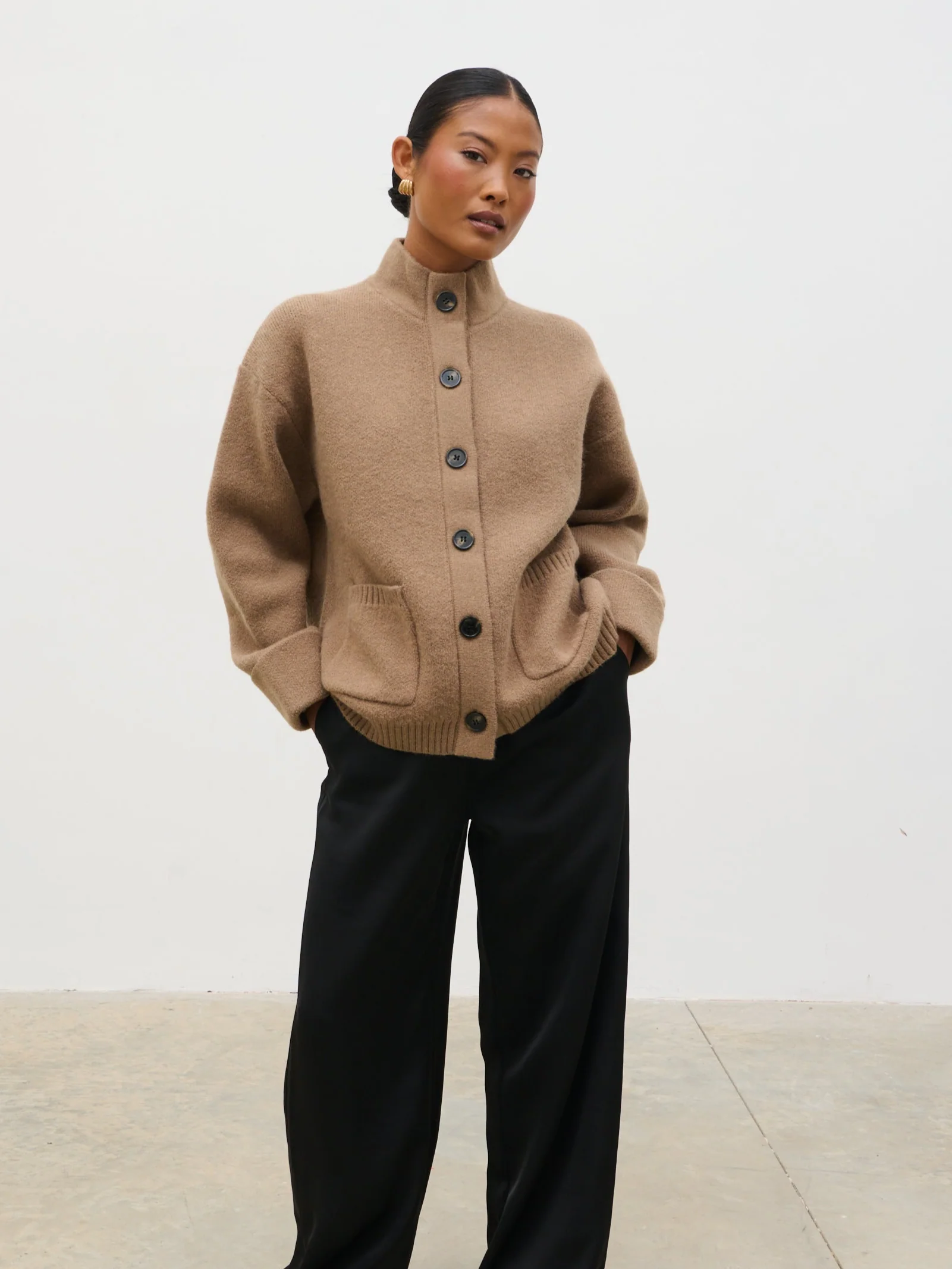Leighton High Neck Knit Cardigan - Deep Beige Marl - Image 4