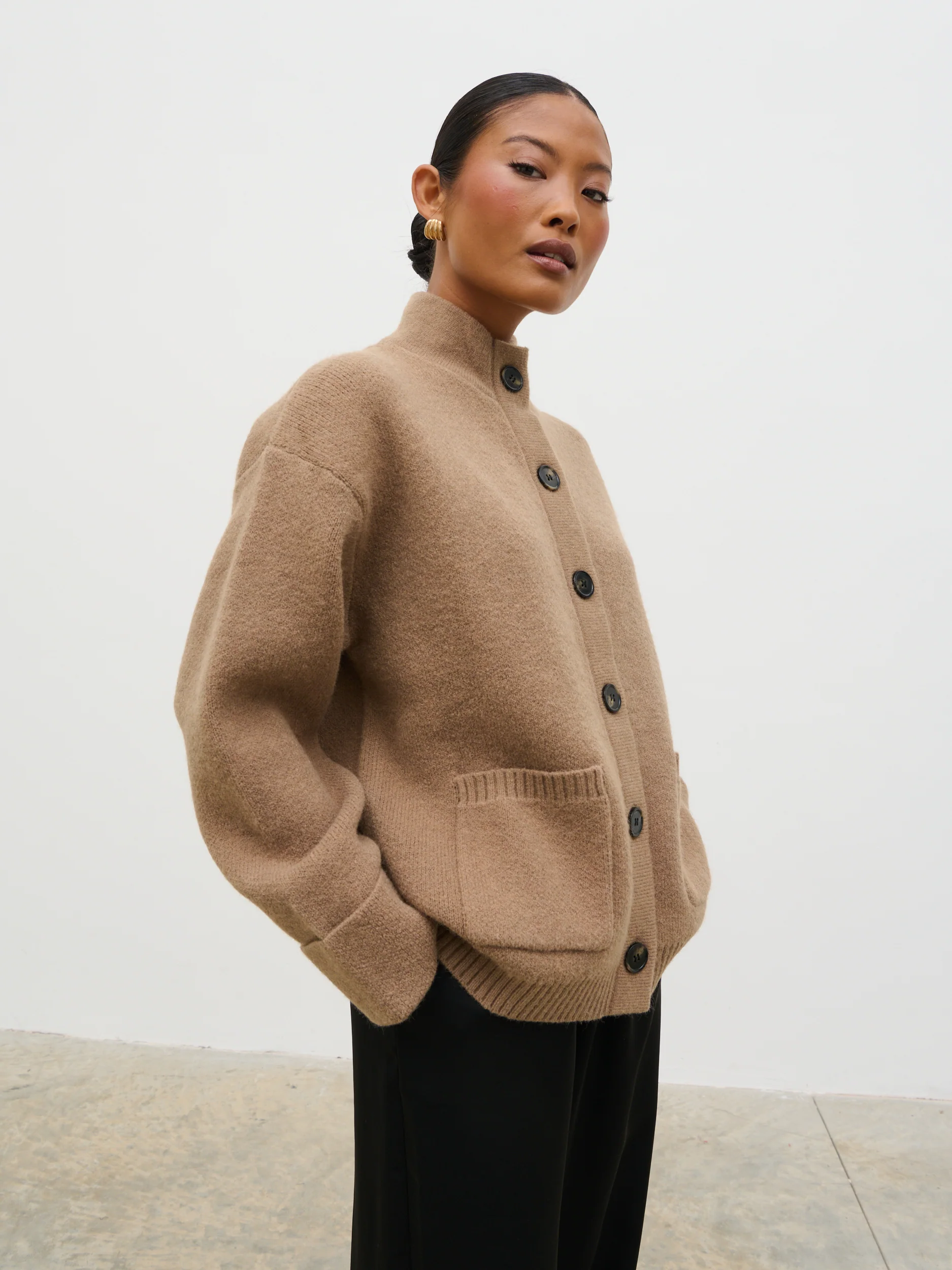 Leighton High Neck Knit Cardigan - Deep Beige Marl - Image 5