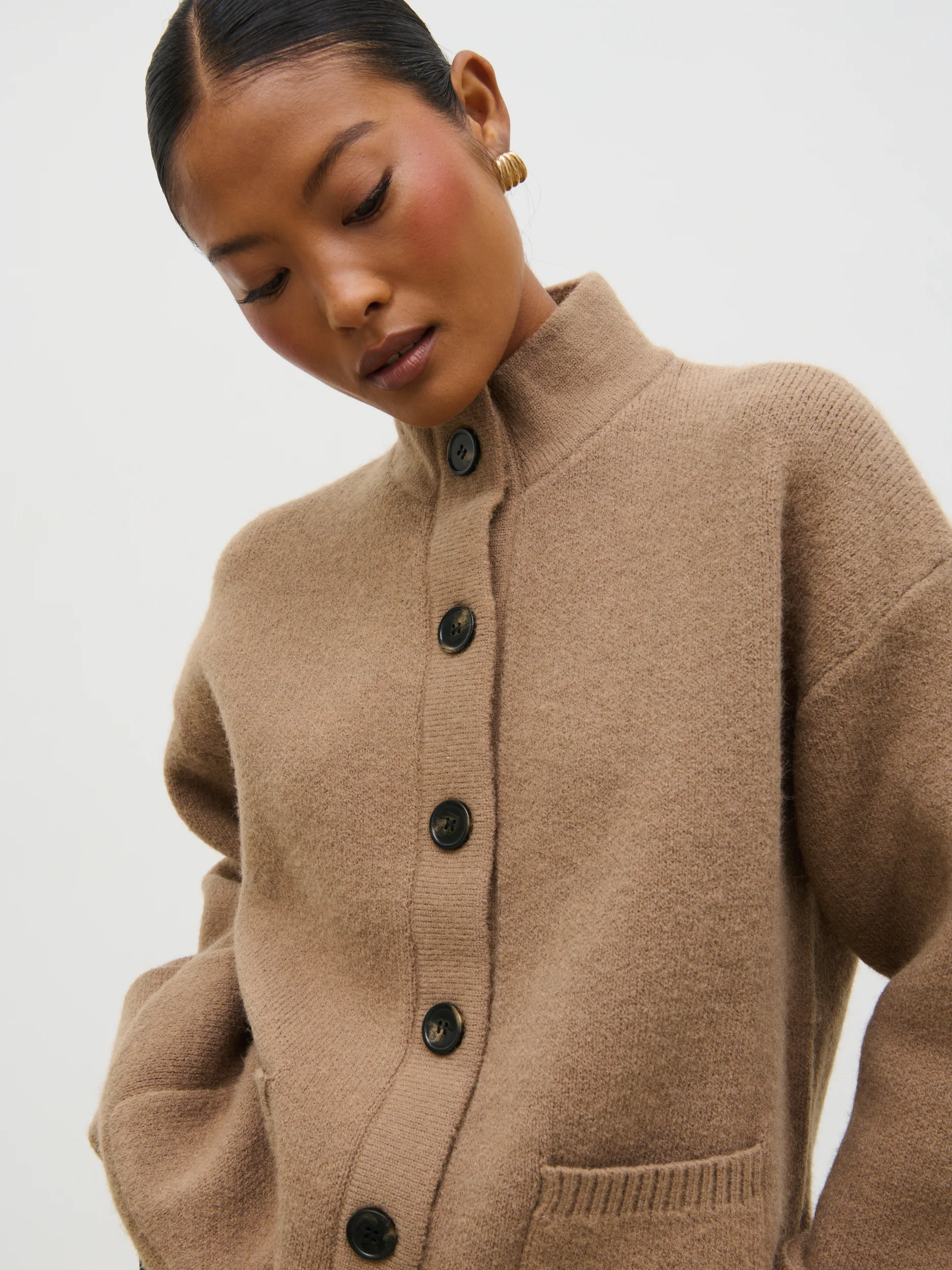 Leighton High Neck Knit Cardigan - Deep Beige Marl - Image 6