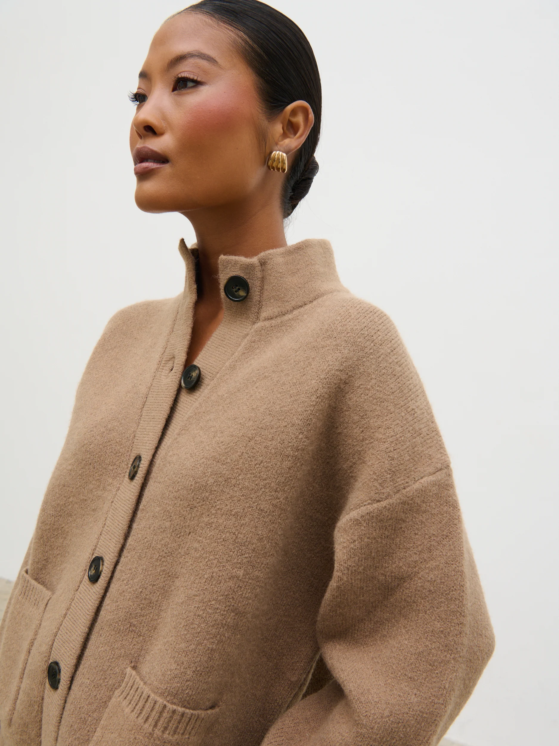 Leighton High Neck Knit Cardigan - Deep Beige Marl - Image 7
