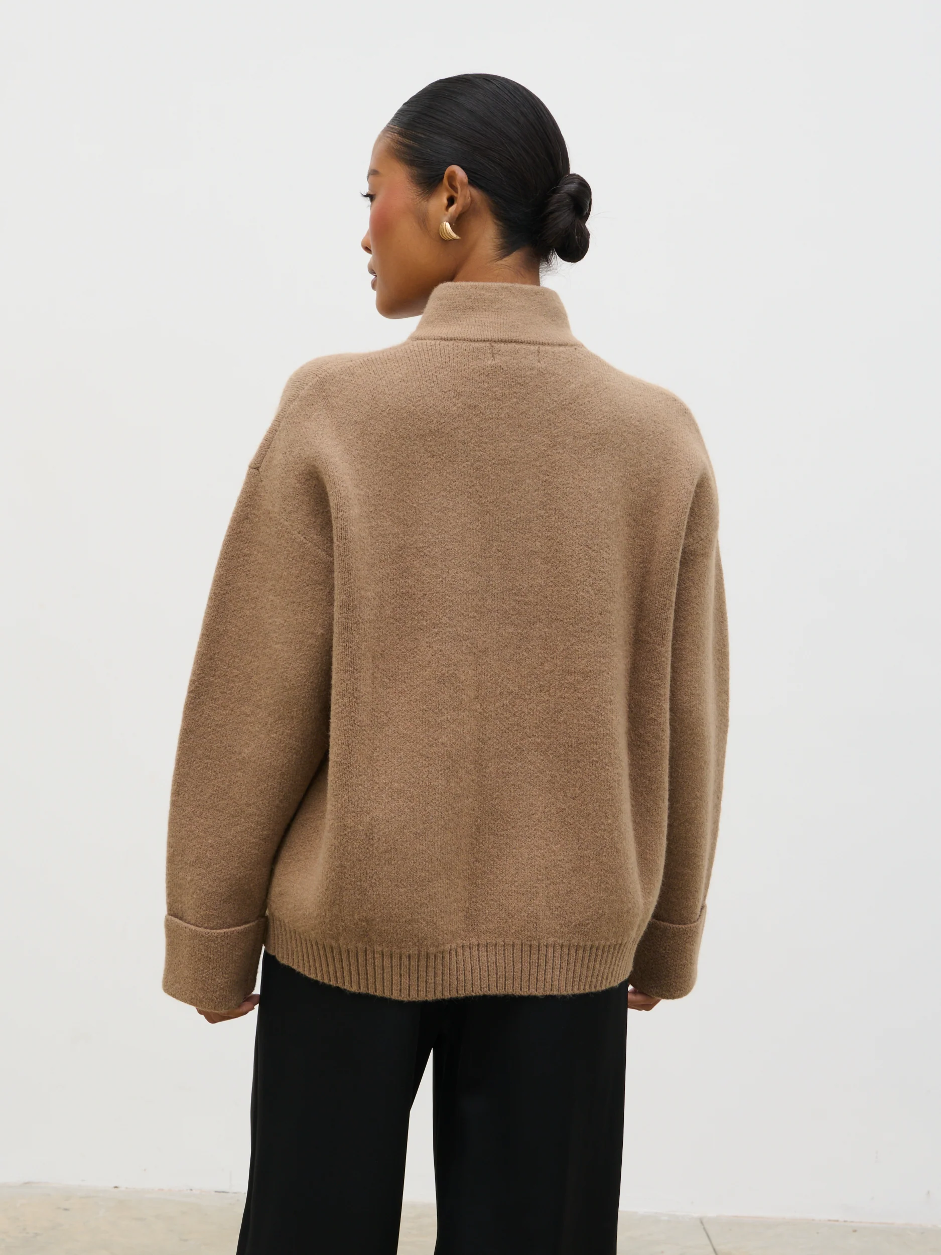 Leighton High Neck Knit Cardigan - Deep Beige Marl - Image 8