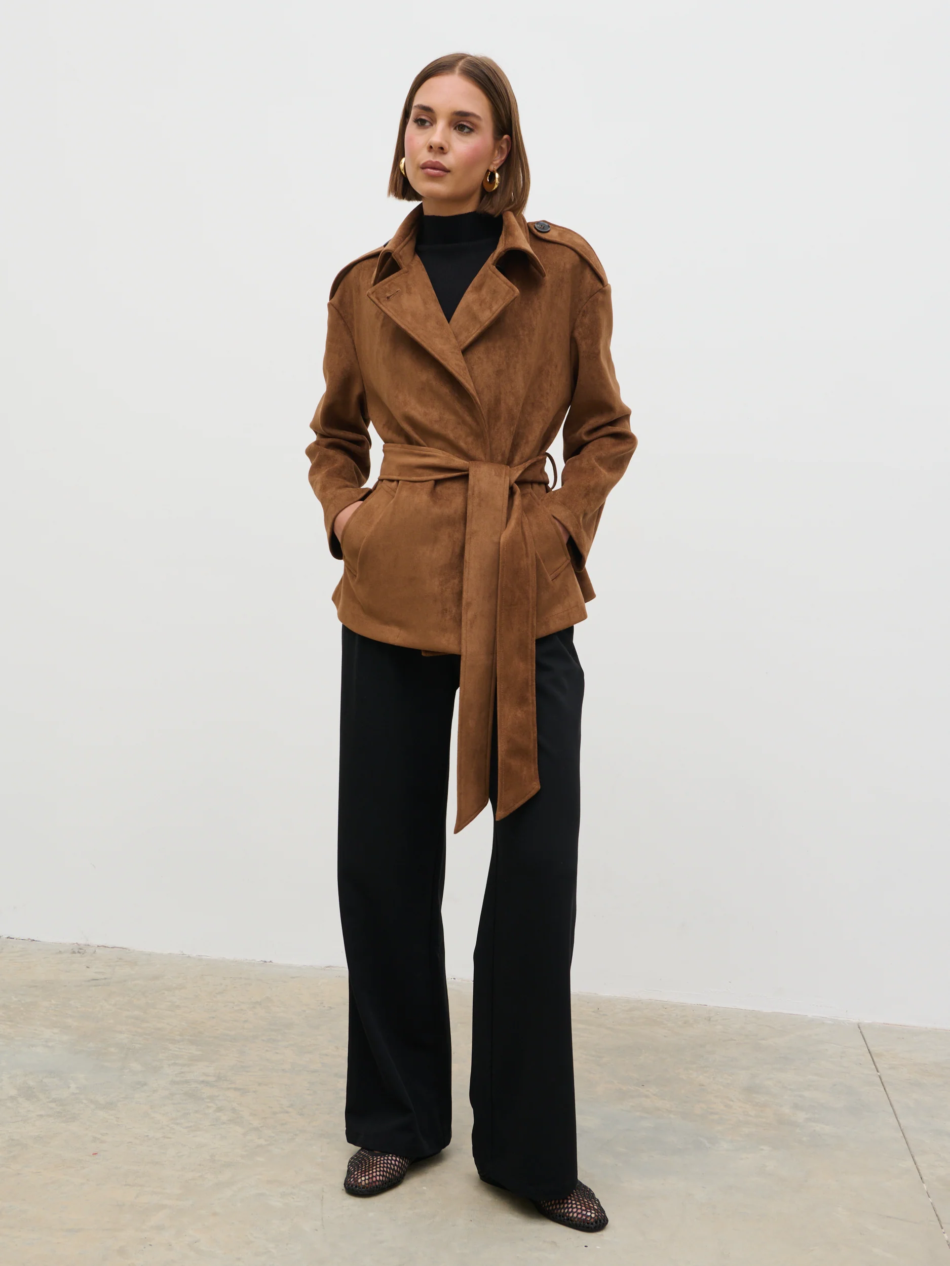 Lennon Faux Suede Tie Waist Jacket - Dark Tan