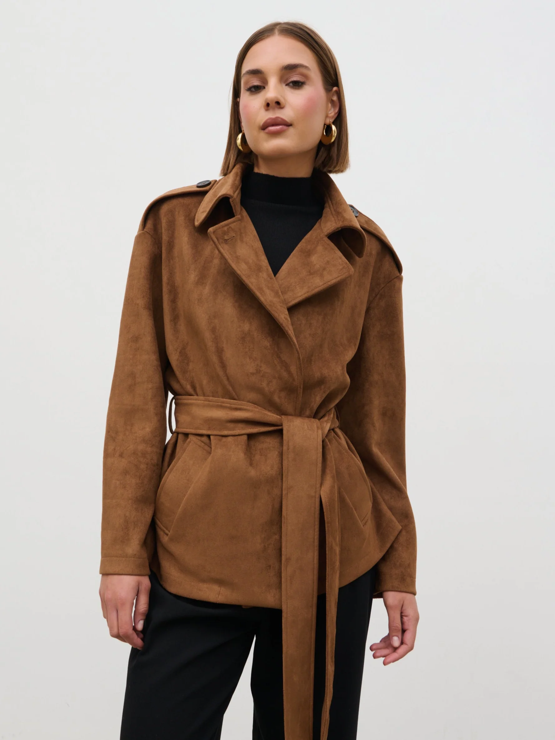 Lennon Faux Suede Tie Waist Jacket - Dark Tan - Image 2