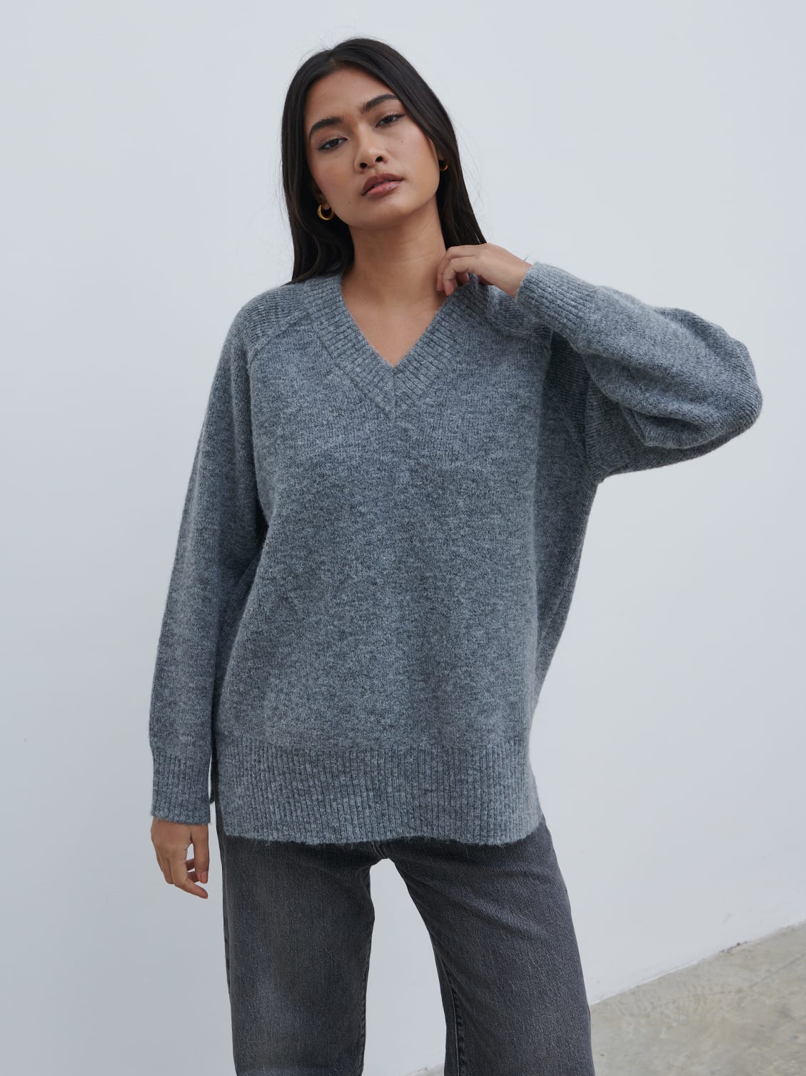 Liberty V Neck Seam Knit Jumper - Charcoal - Image 2