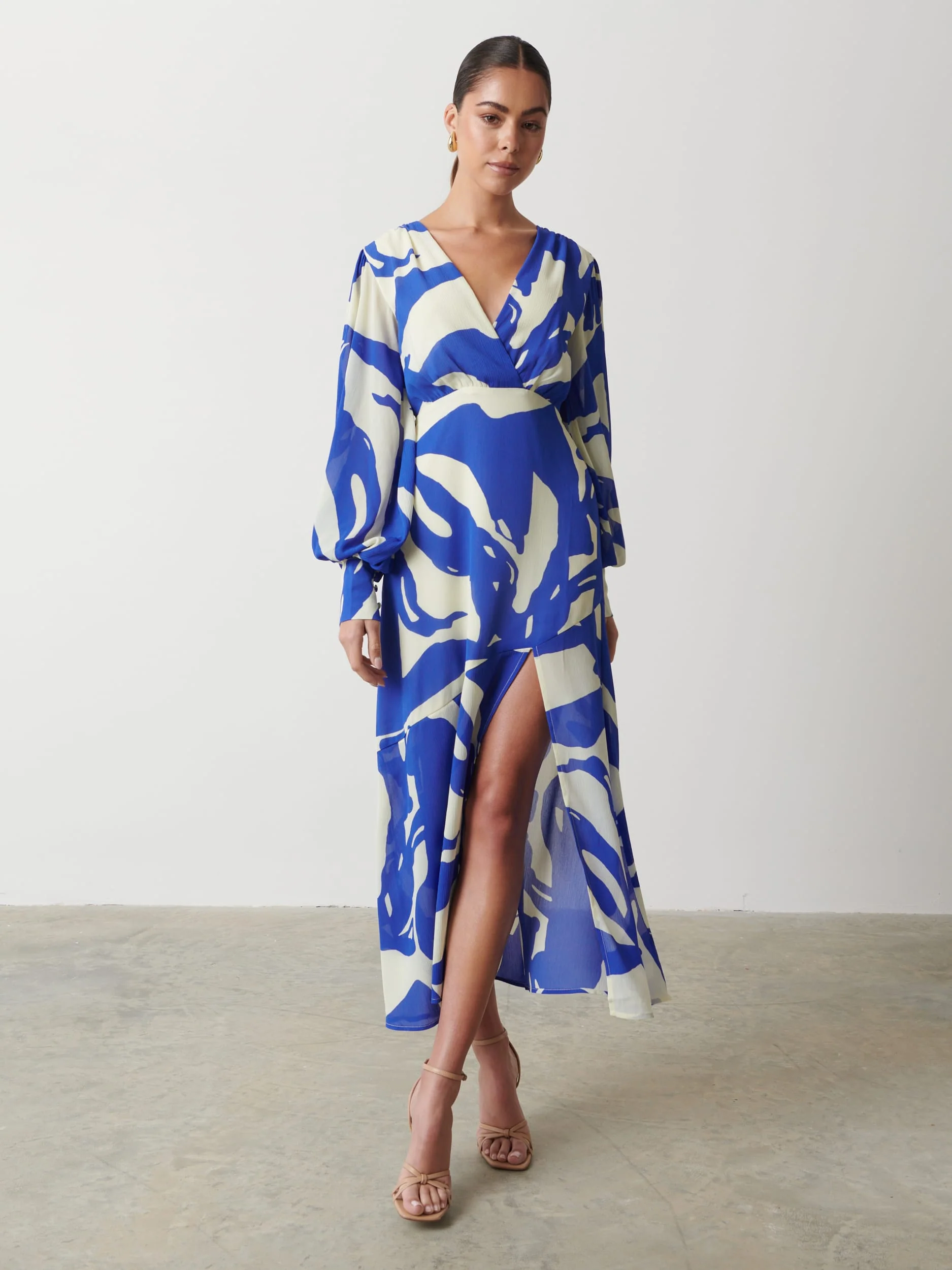 Lilianna Backless Balloon Sleeve Printed Dress - Blue Abstract
