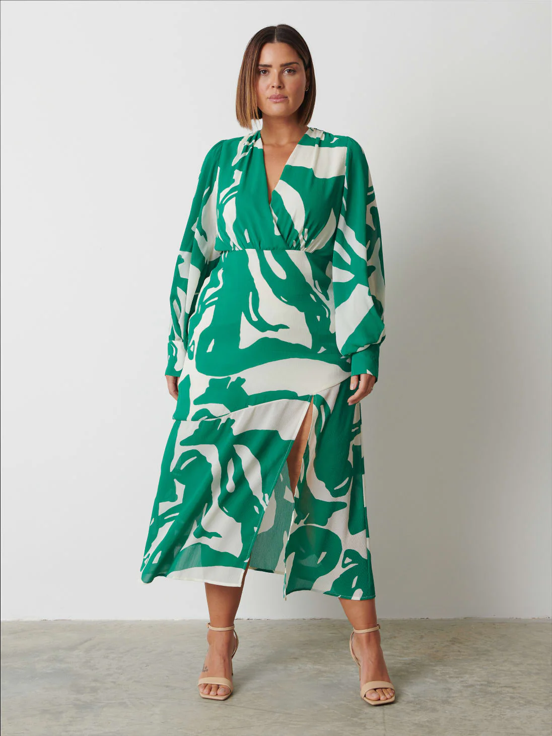 Lilianna Backless Balloon Sleeve Printed Dress Curve - Green Abstract