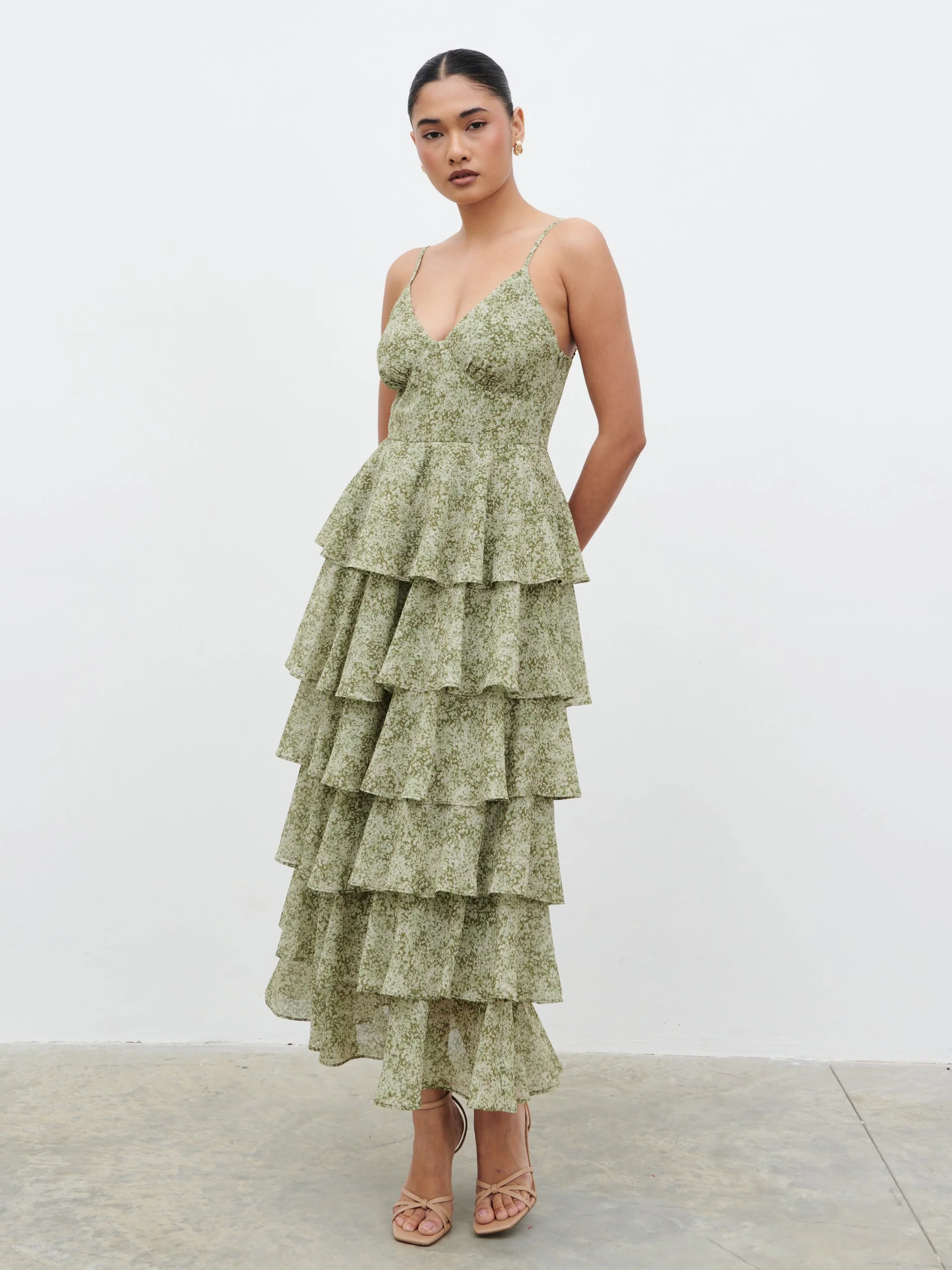 Lissy Ruffle Midaxi Dress - Green Abstract Print - Image 2