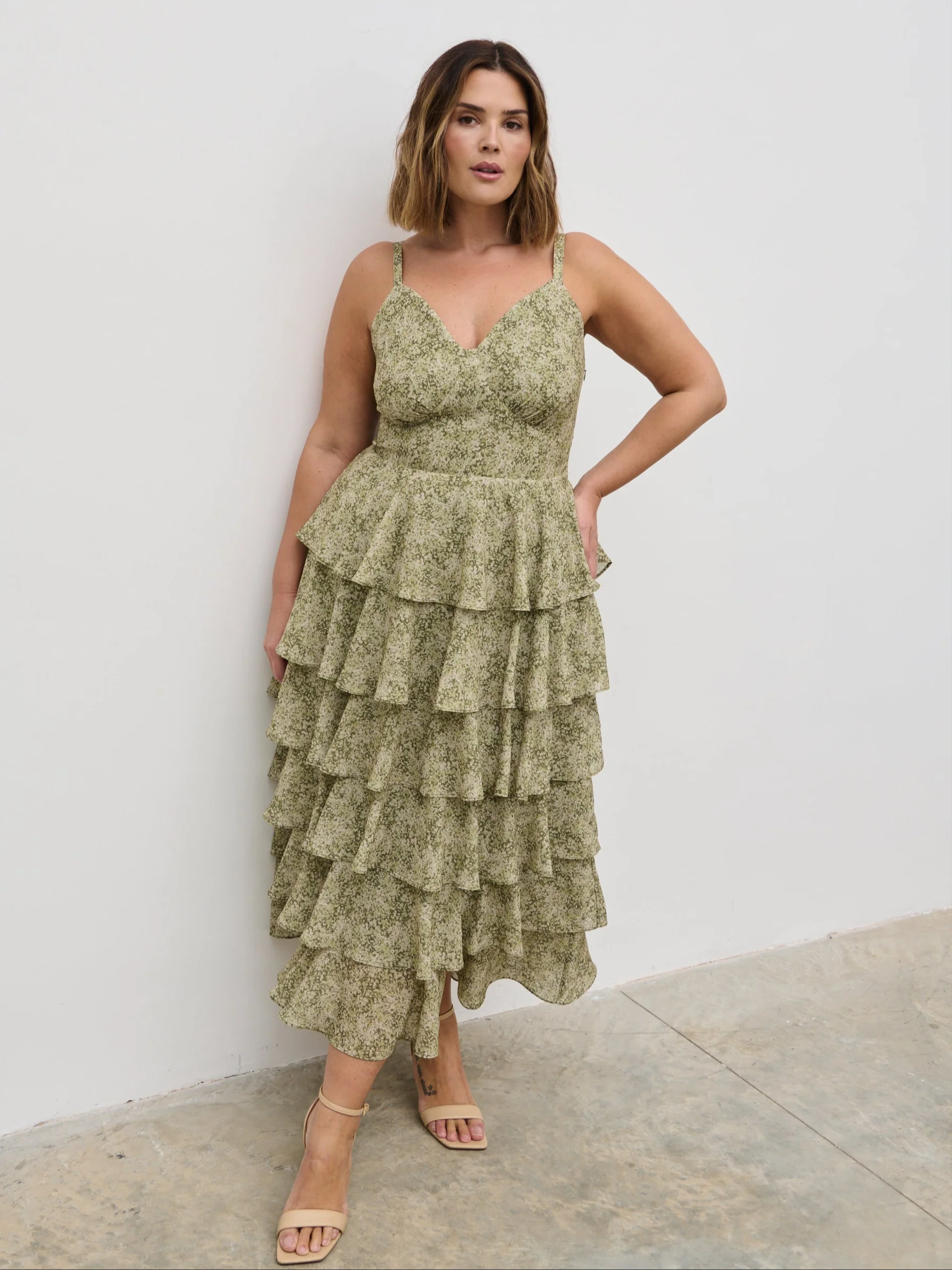 Lissy Tie Back Midaxi Dress Curve - Green Abstract - Image 3