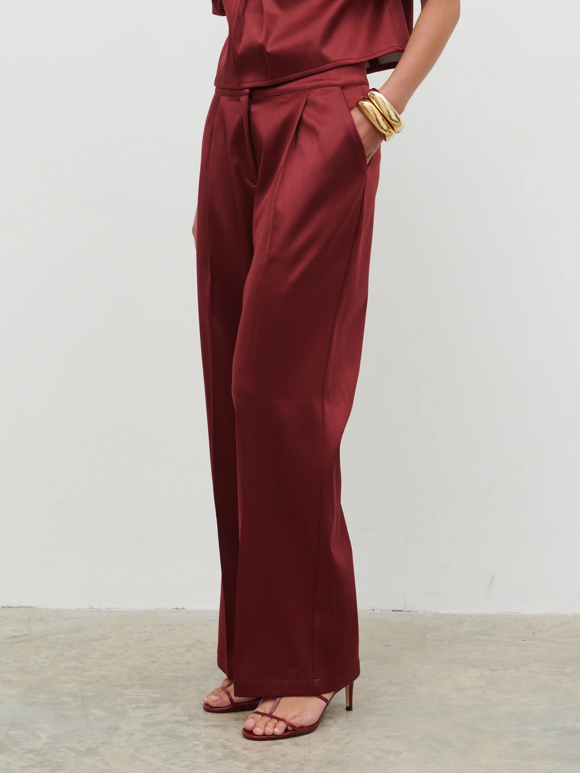 Lorah Wide Leg Bonded Satin Trousers - Wine - Image 2