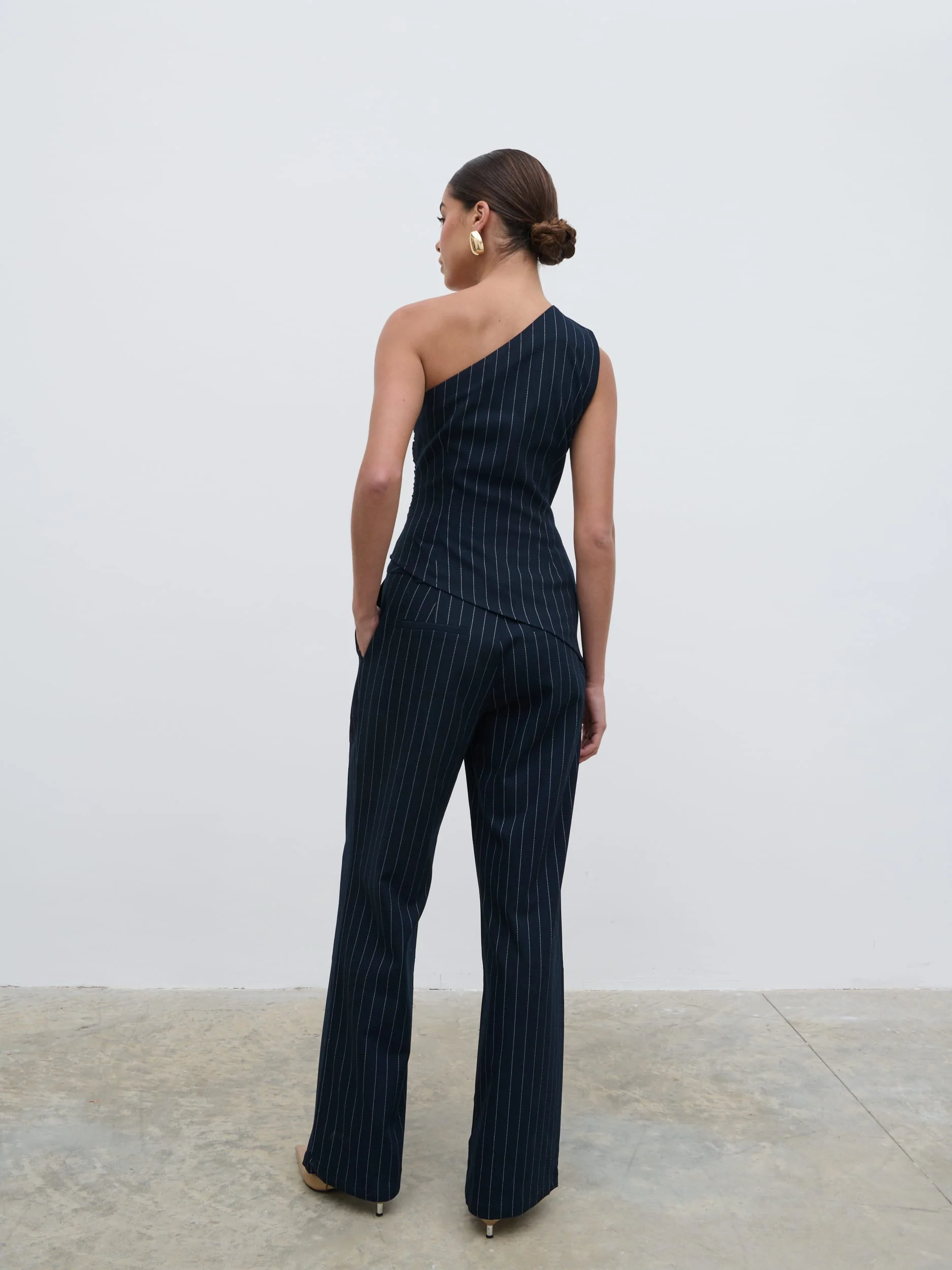 Lorna One Shoulder Ruched Pinstripe Top - Navy - Image 3