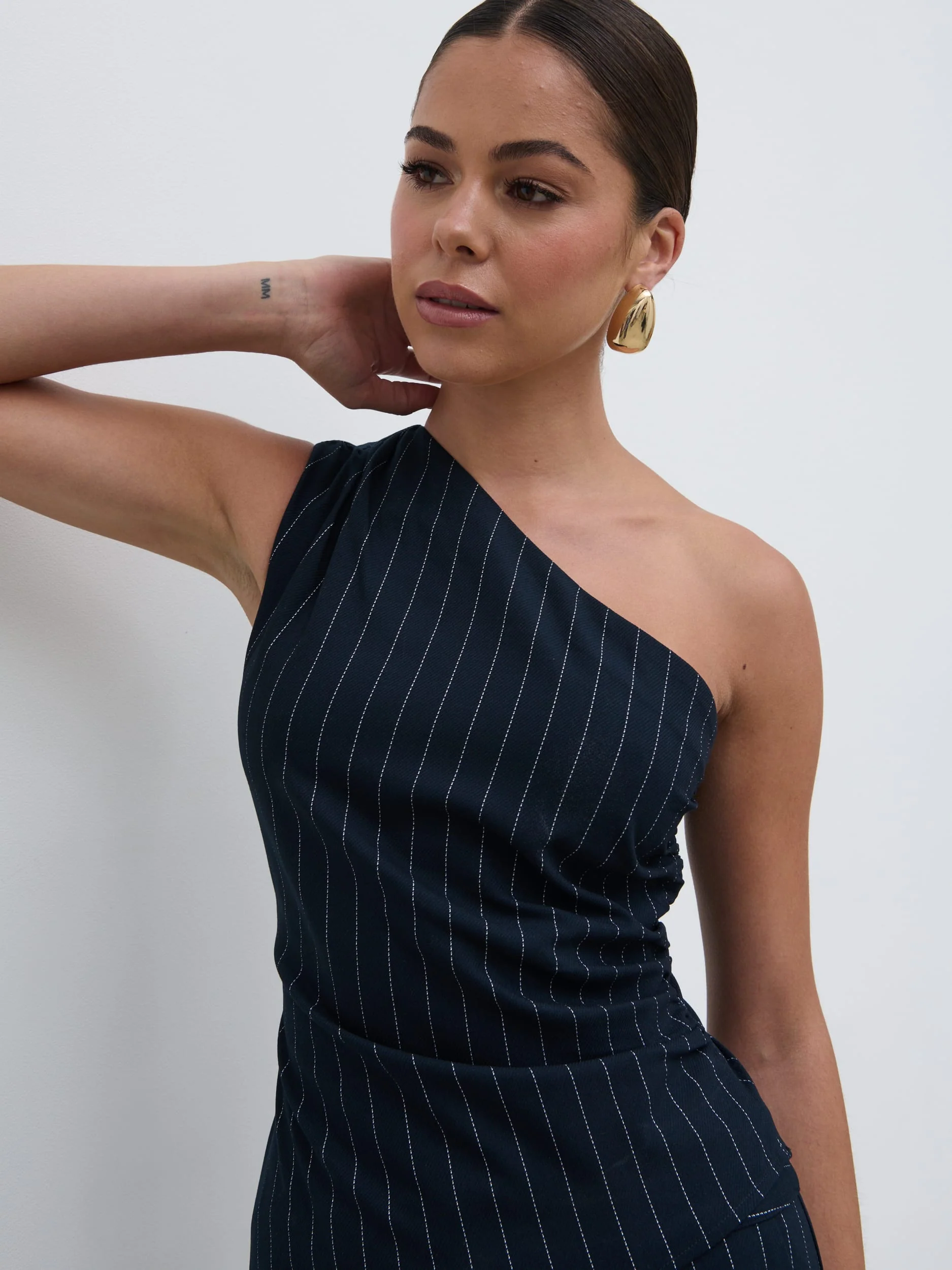 Lorna One Shoulder Ruched Pinstripe Top - Navy - Image 4
