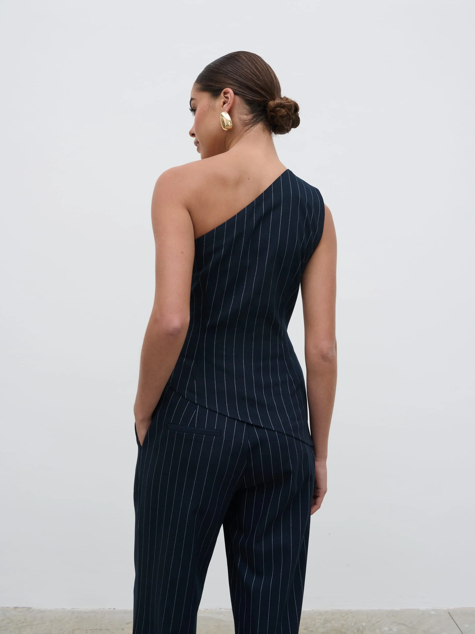 Lorna One Shoulder Ruched Pinstripe Top - Navy - Image 5