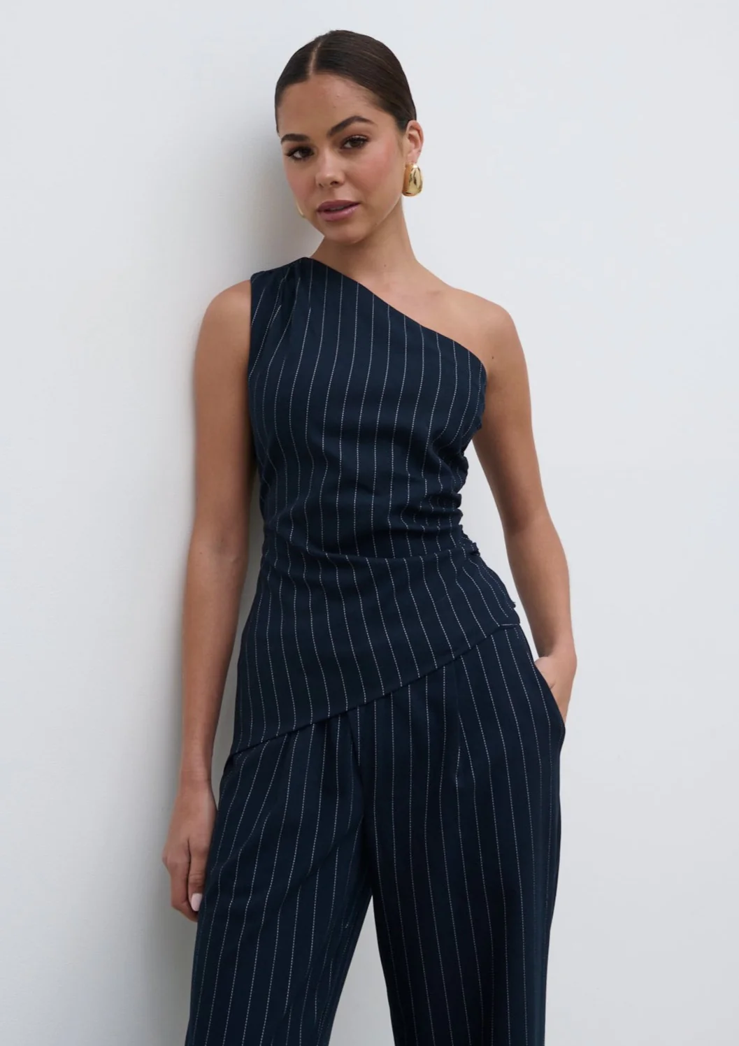 Lorna One Shoulder Ruched Pinstripe Top - Navy - Image 6