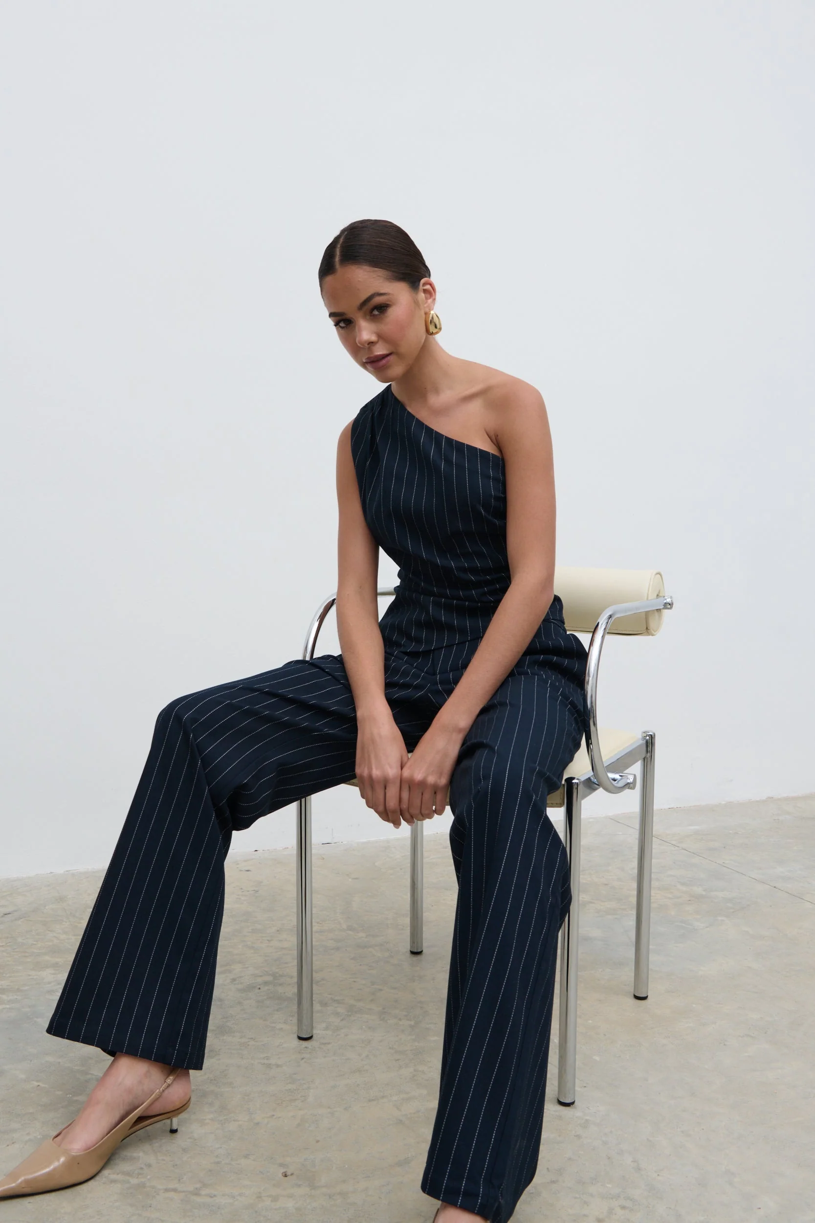 Lorna One Shoulder Ruched Pinstripe Top - Navy - Image 7