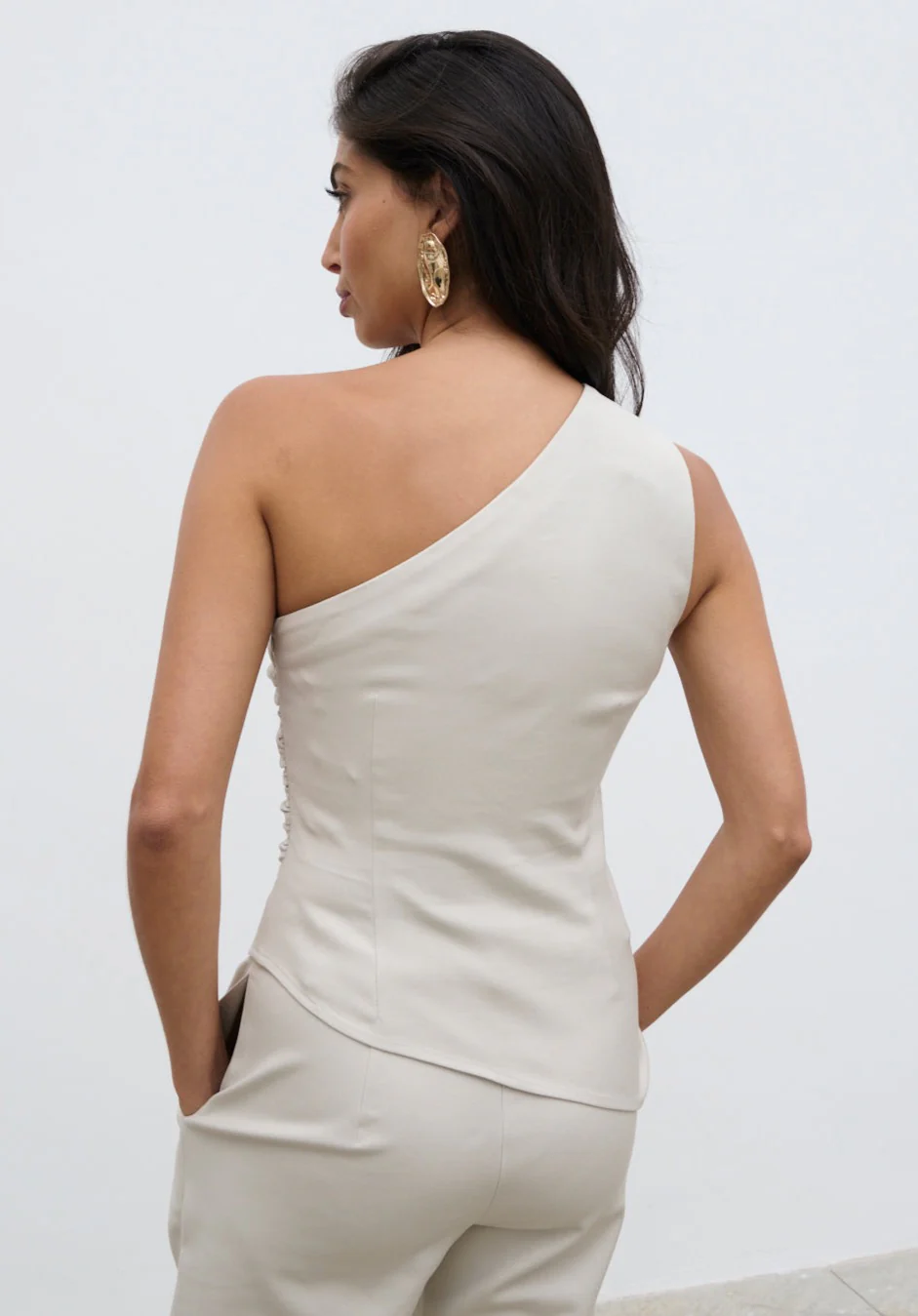 Lorna One Shoulder Ruched Top - Chalk - Image 5