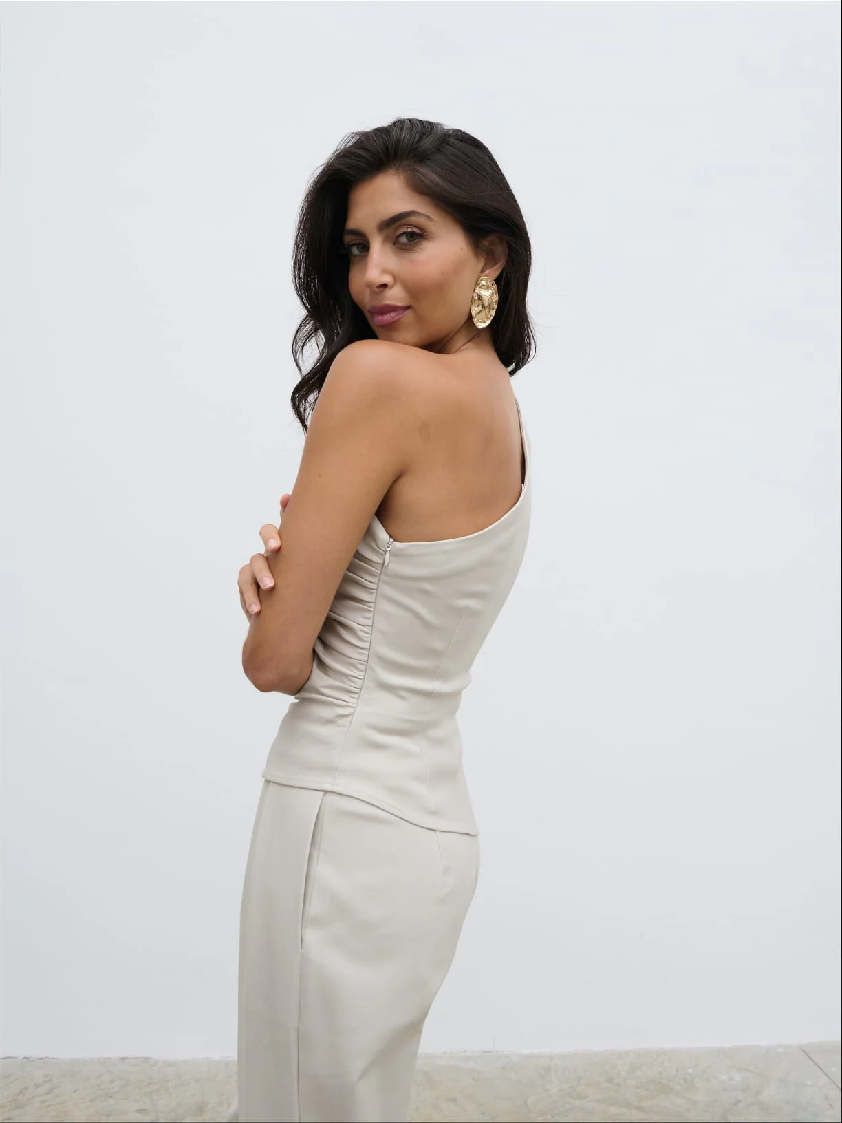 Lorna One Shoulder Ruched Top - Chalk - Image 6