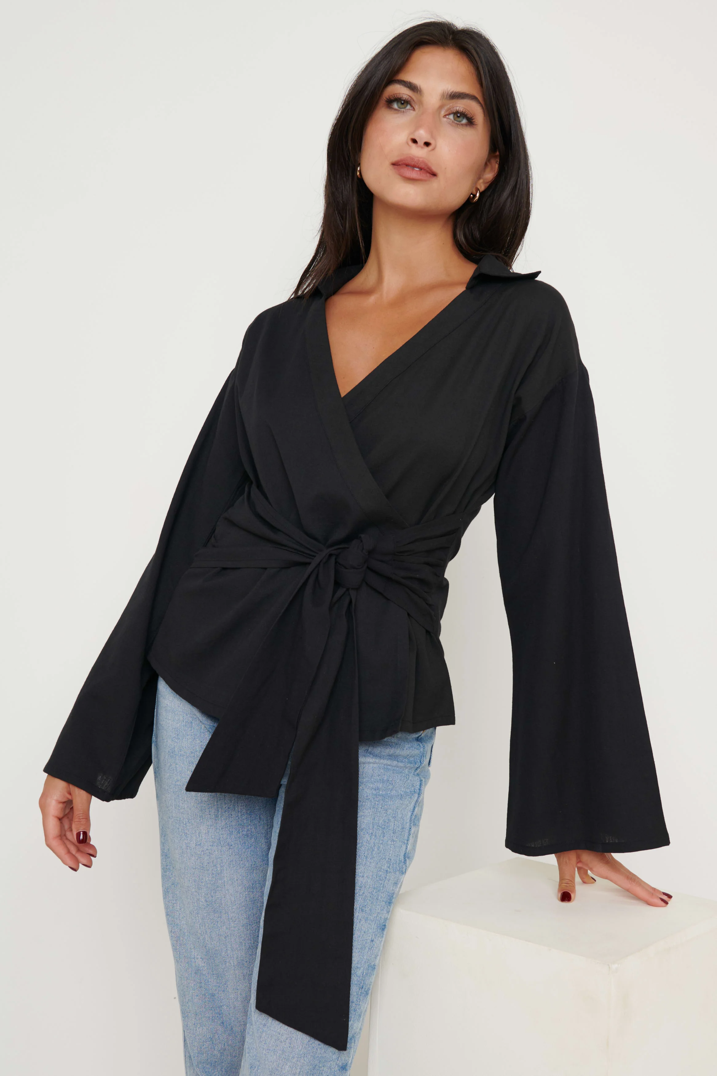 Louis Linen Wrap Blouse - Black - Image 4