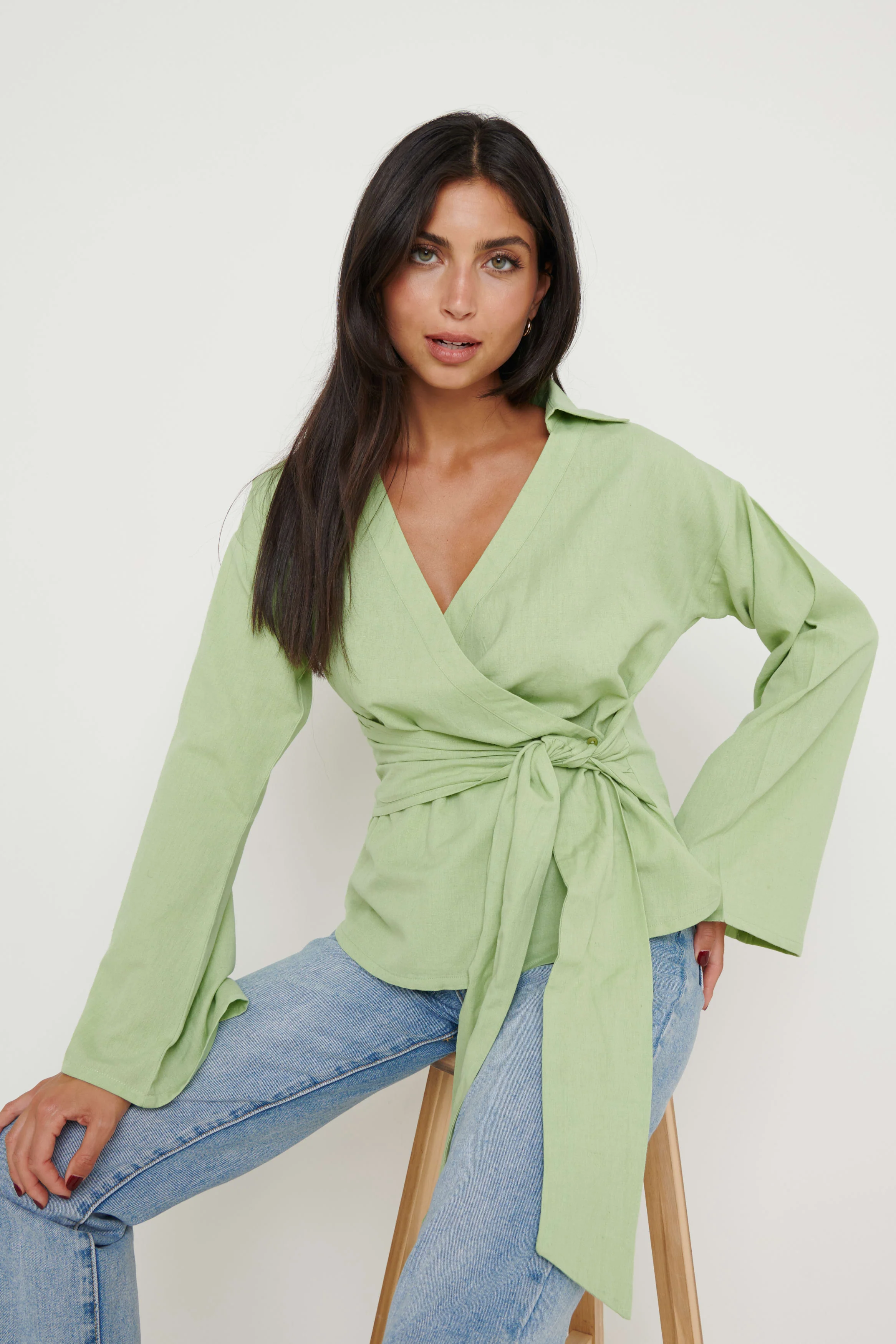 Louis Linen Wrap Blouse - Green