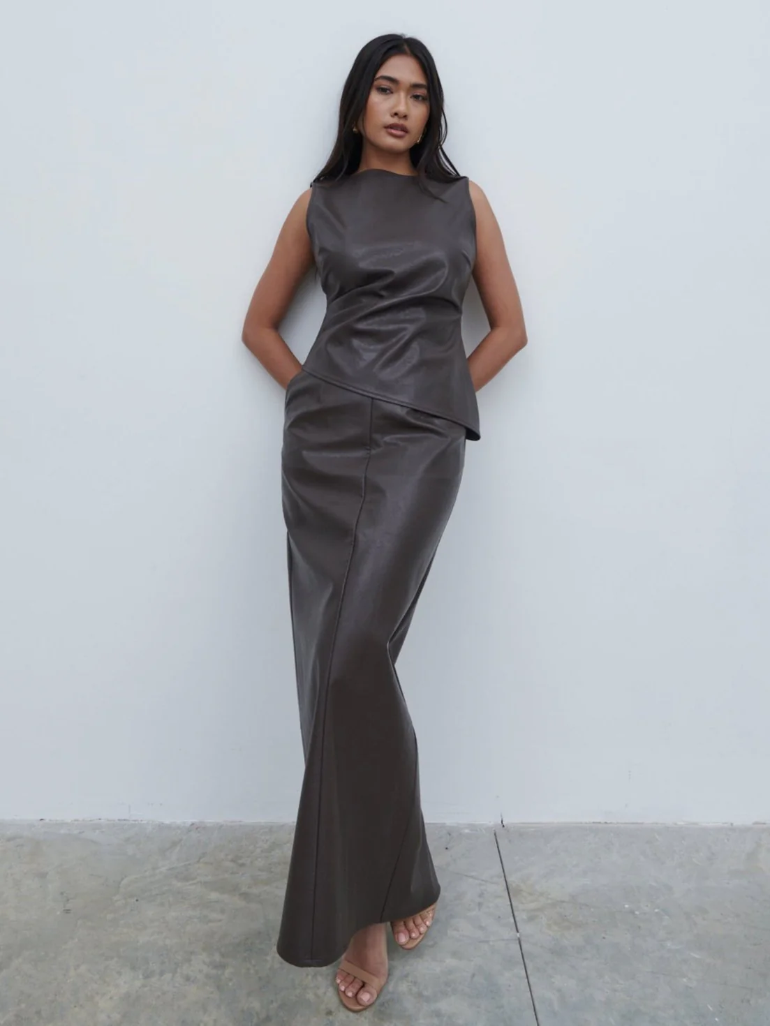 Maeve Faux Leather Maxi Skirt - Dark Chocolate Brown