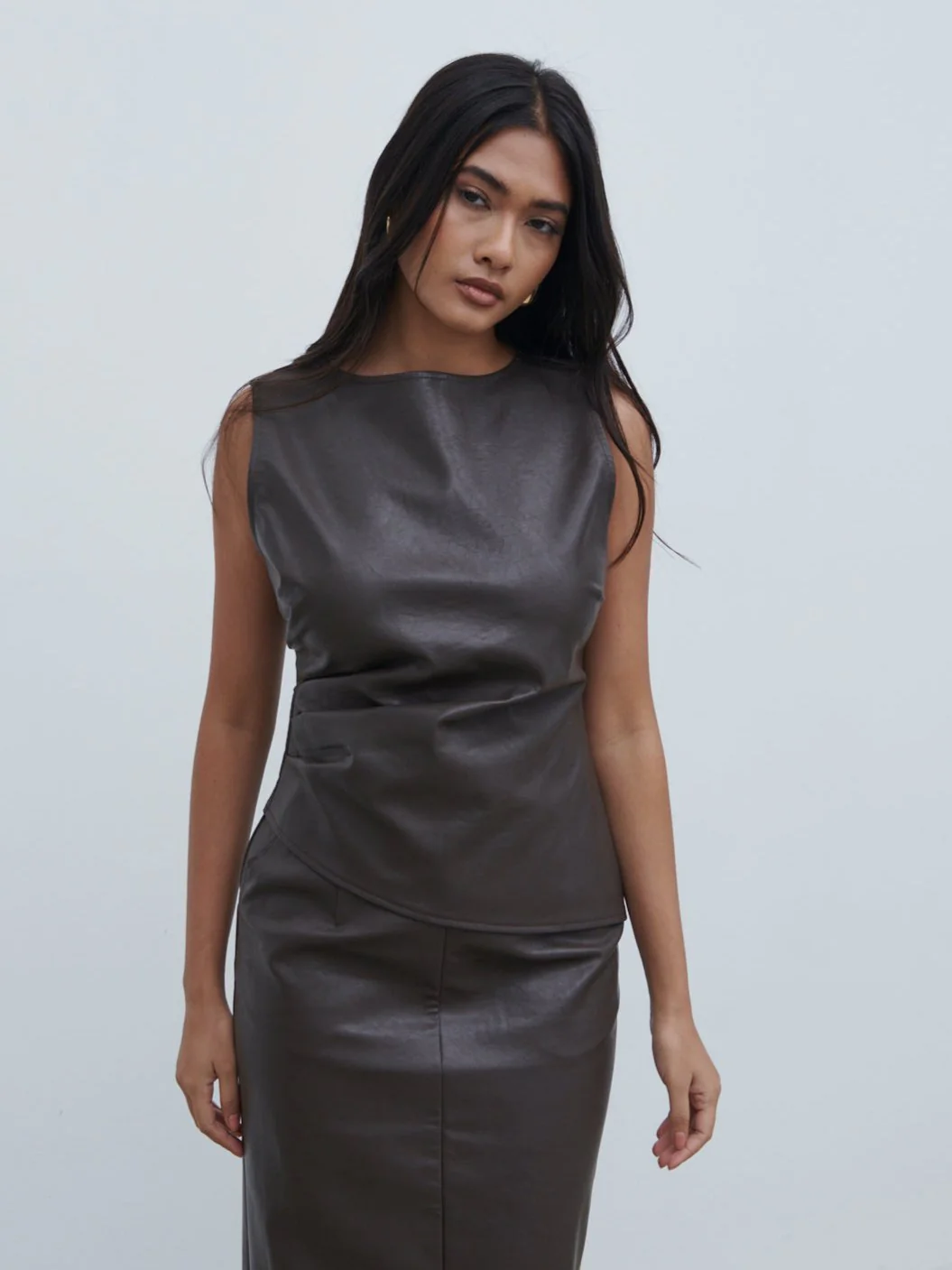 Maeve High Neck Faux Leather Top - Dark Chocolate Brown - Image 3