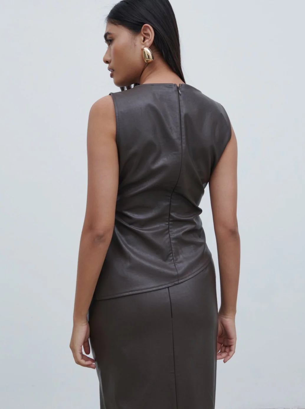 Maeve High Neck Faux Leather Top - Dark Chocolate Brown - Image 4