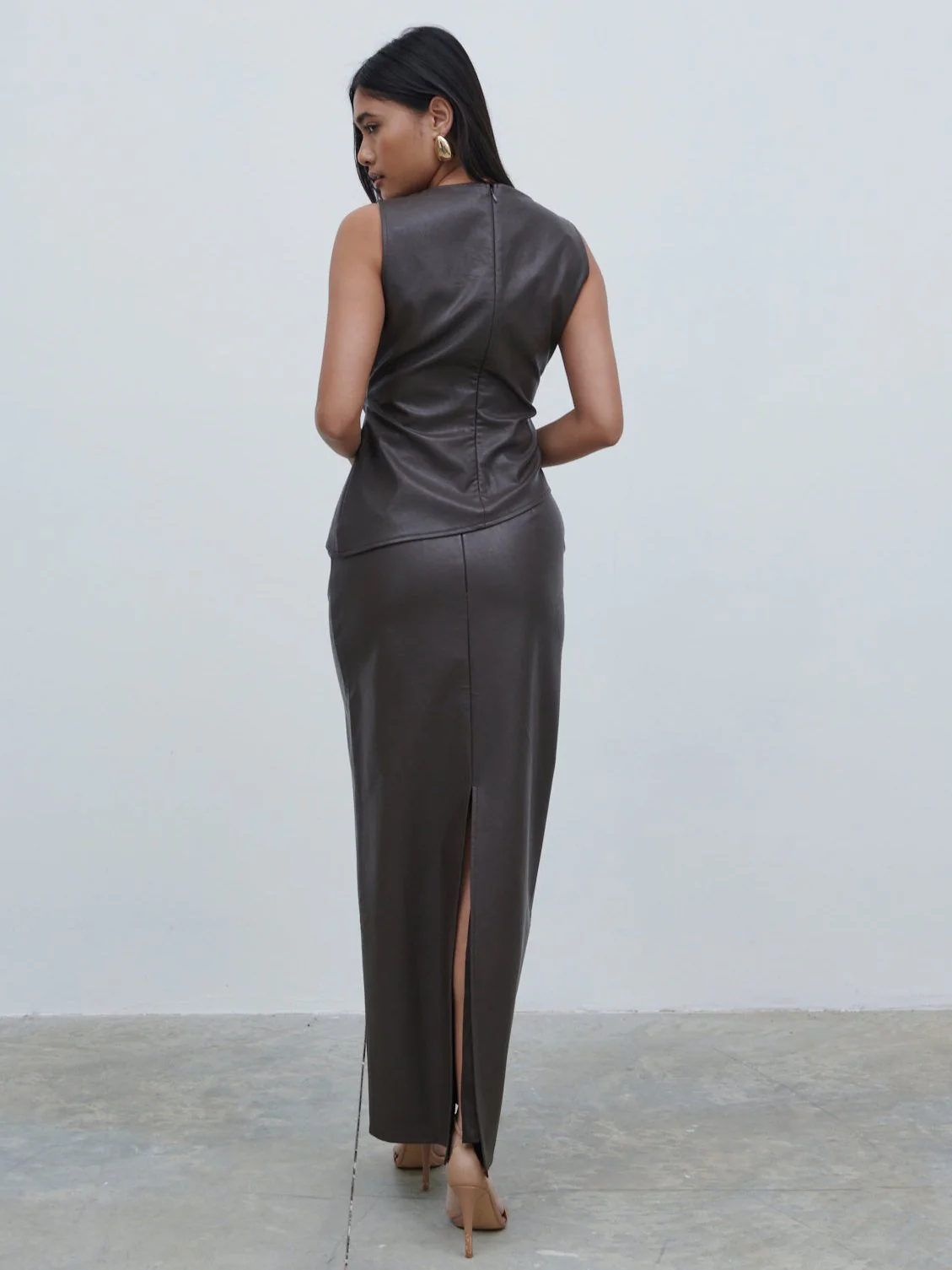 Maeve High Neck Faux Leather Top - Dark Chocolate Brown - Image 5