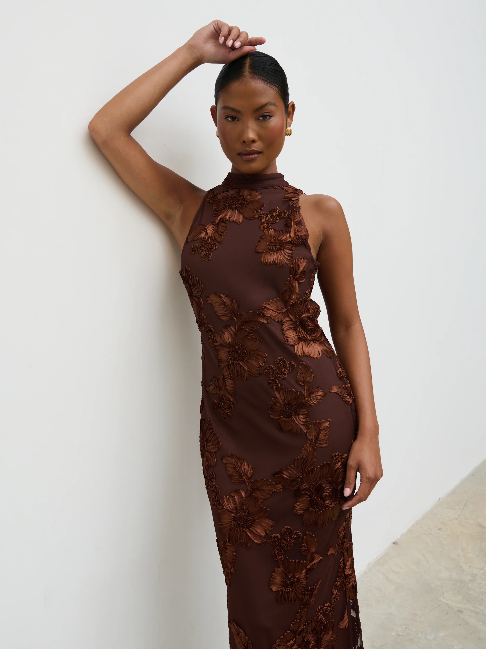 Meg Racer Midaxi Dress - Chocolate Jacquard Floral - Image 3