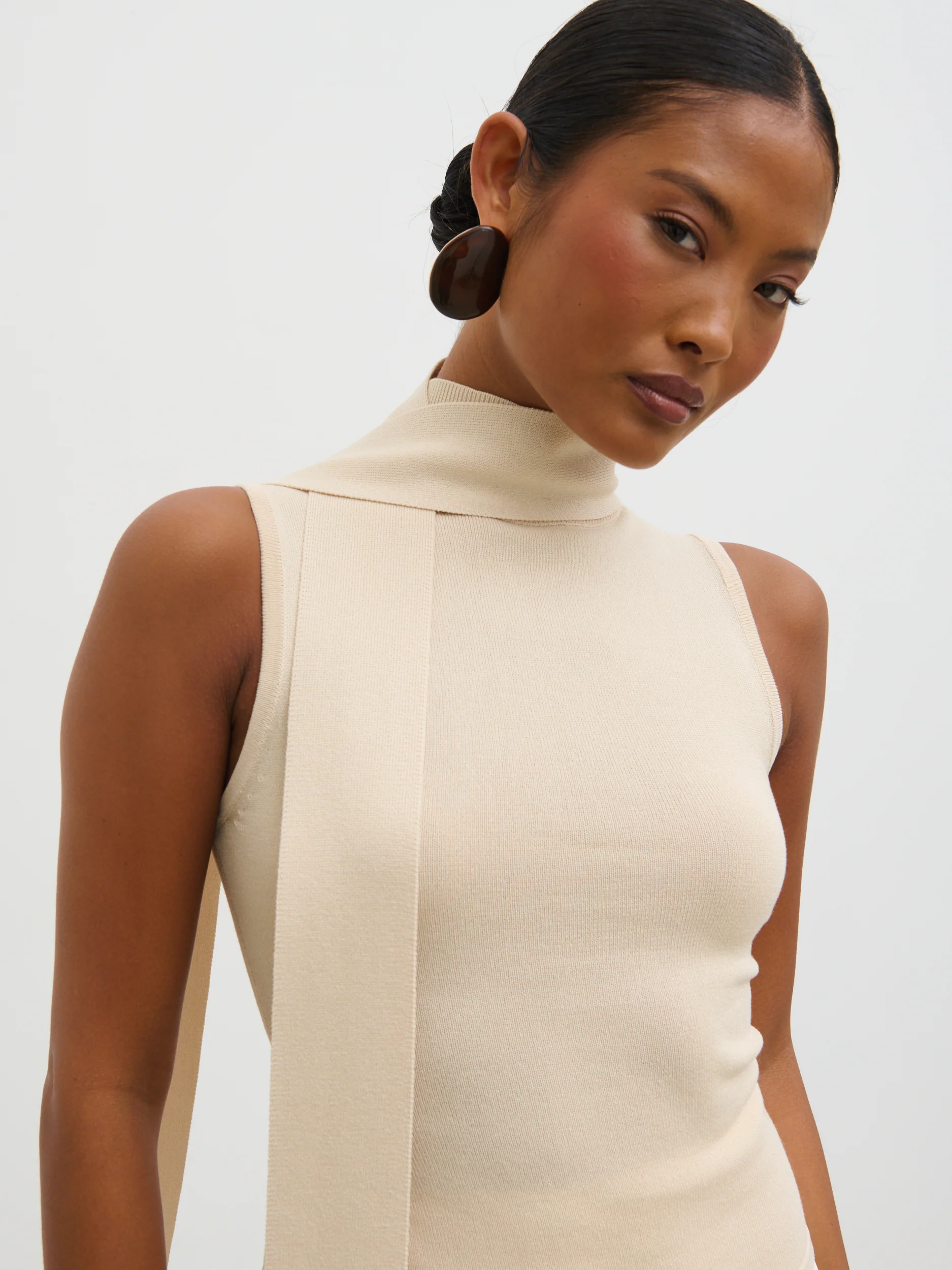 Melanie High Neck Knit Top with Neck Tie - Cream - Image 2