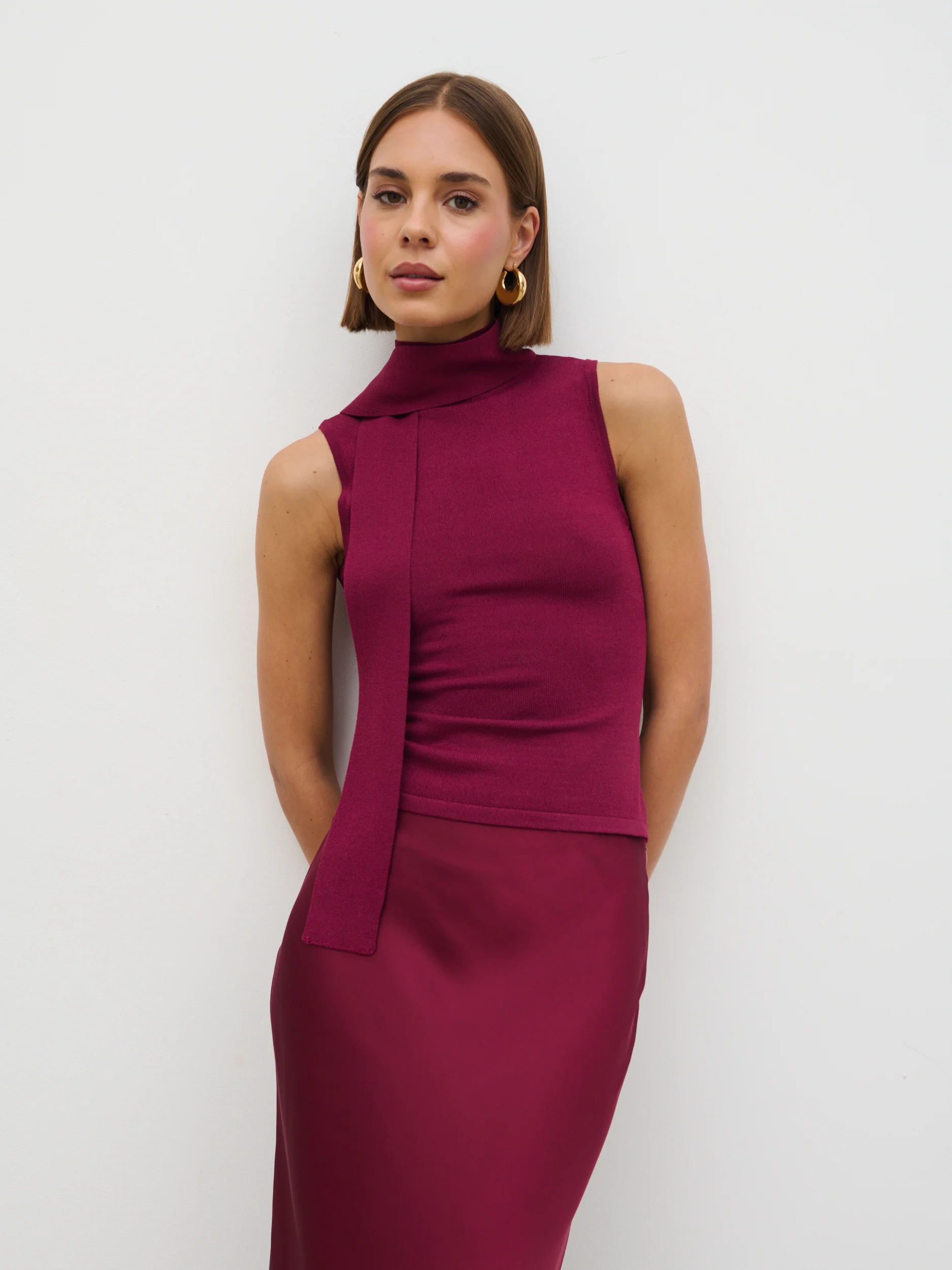 Melanie High Neck Knit Top with Neck Tie - Wine