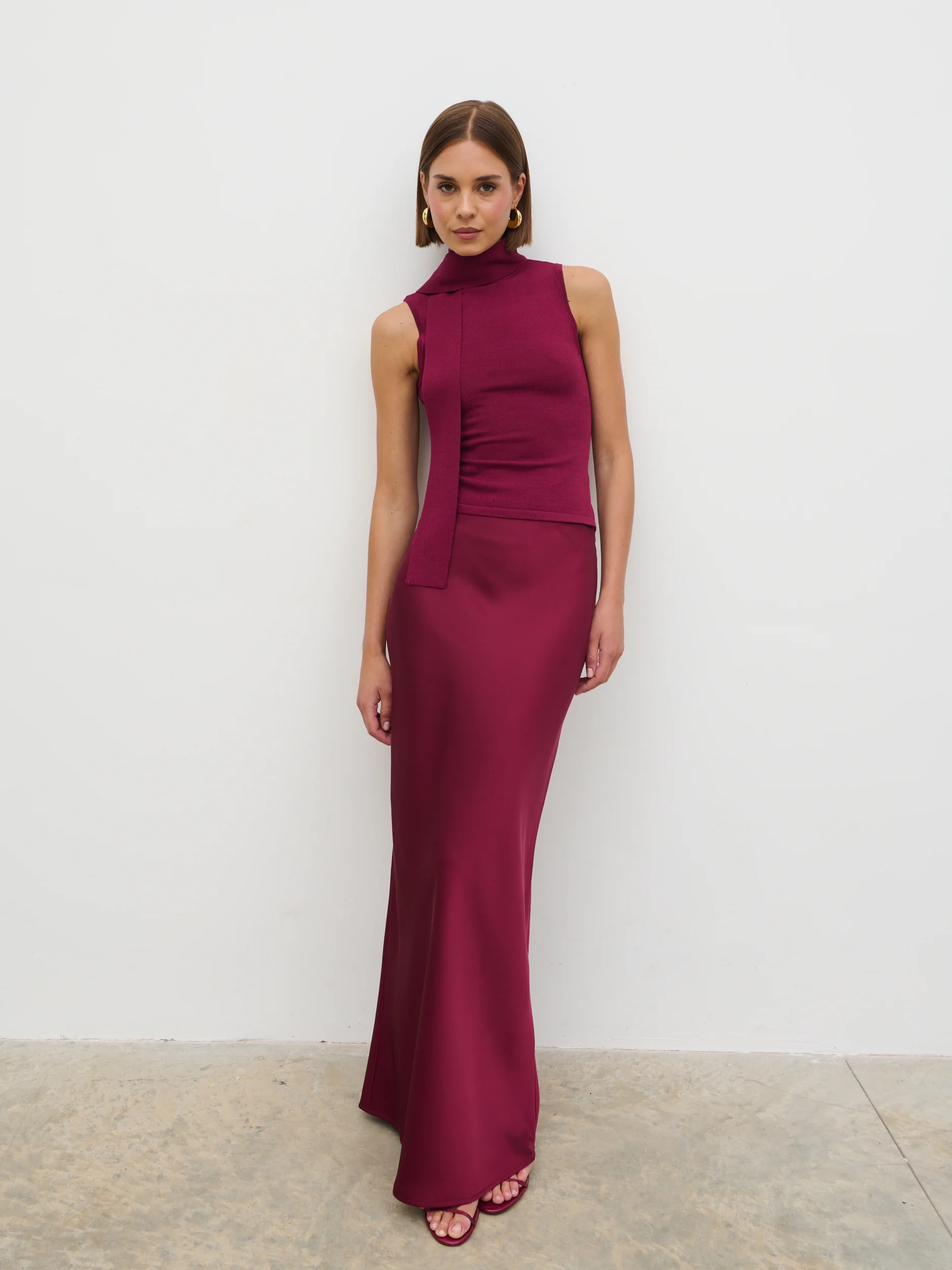 Melanie High Neck Knit Top with Neck Tie - Wine - Image 2