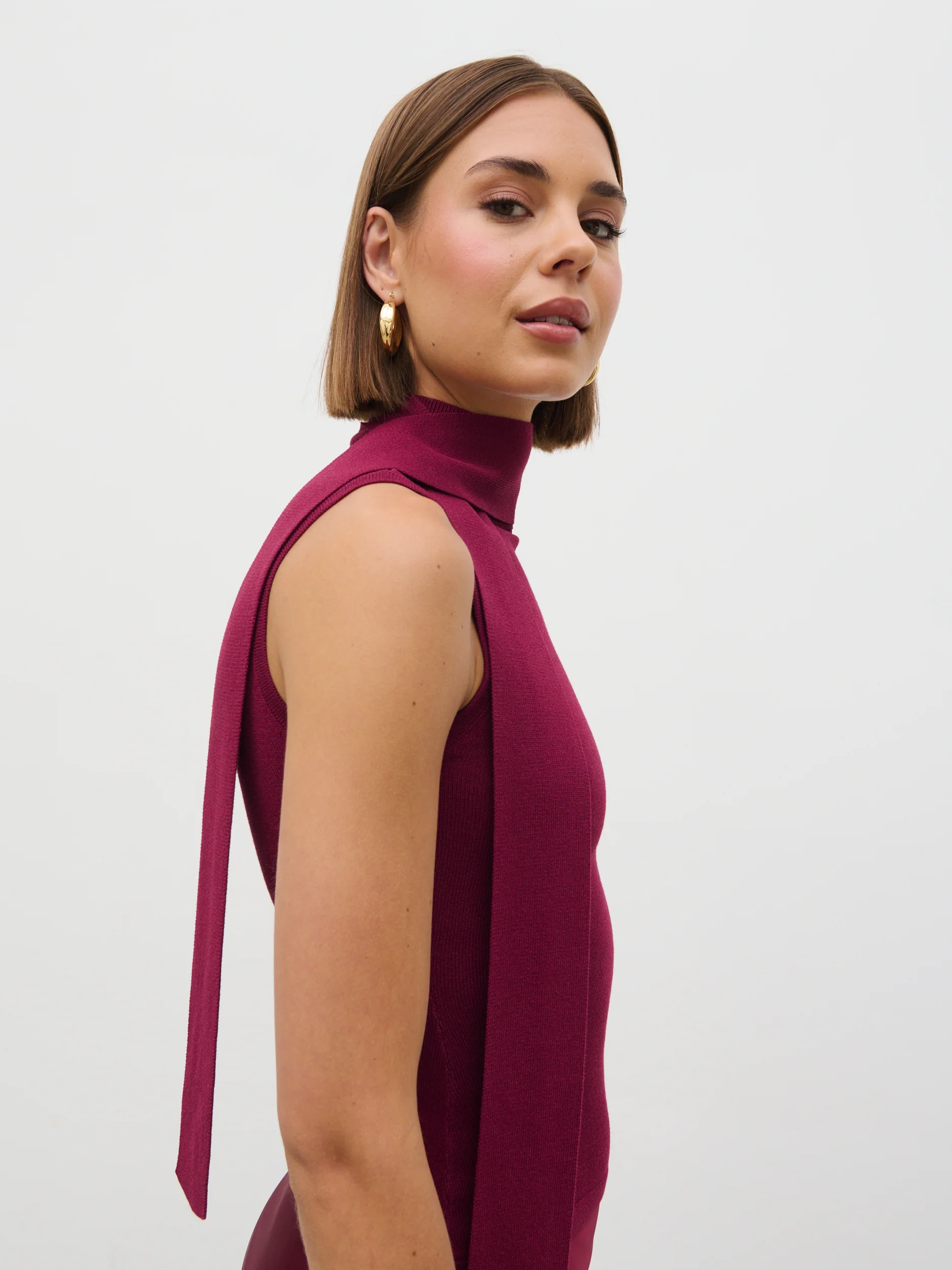 Melanie High Neck Knit Top with Neck Tie - Wine - Image 3
