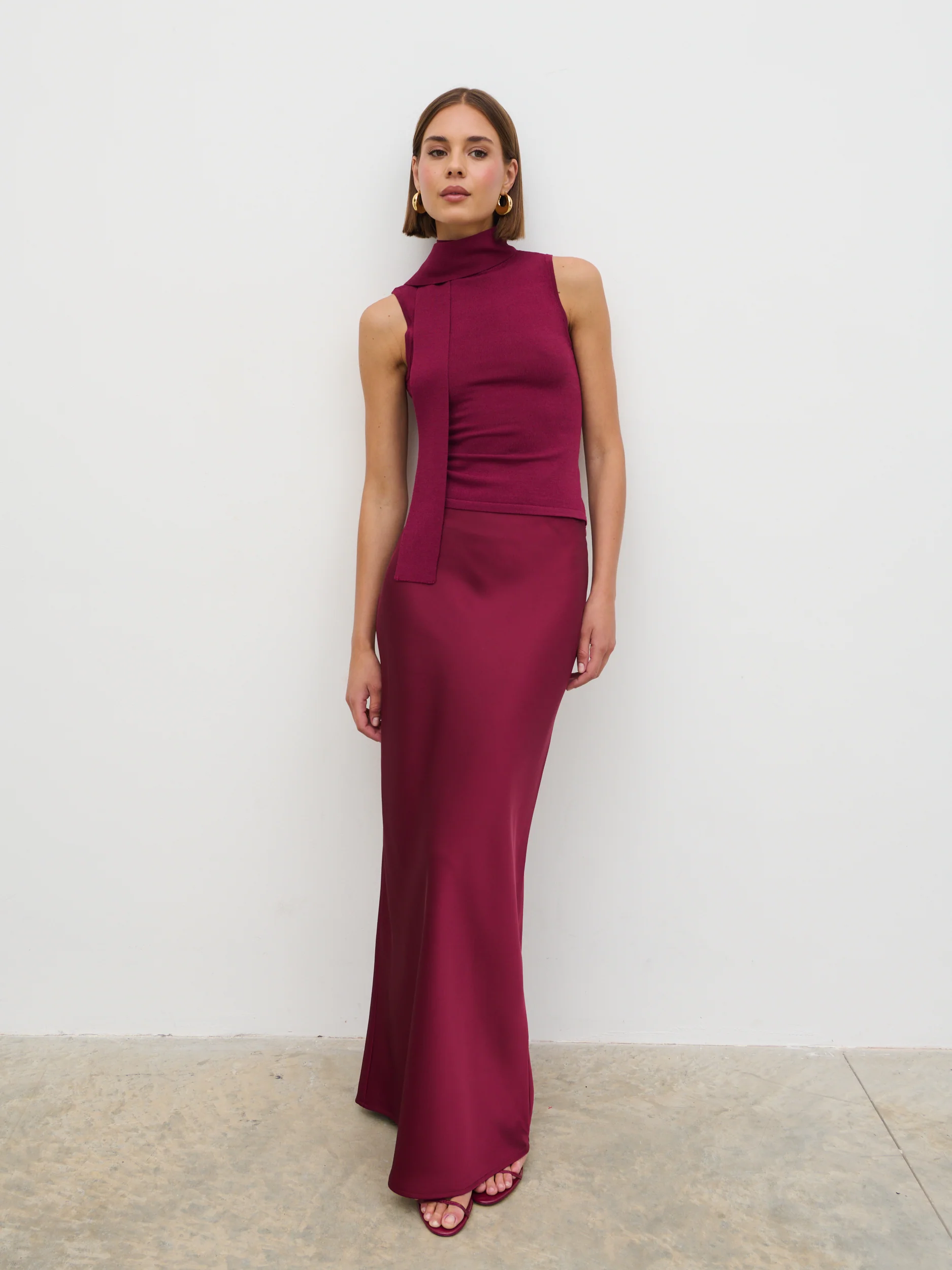 Melanie High Neck Knit Top with Neck Tie - Wine - Image 4